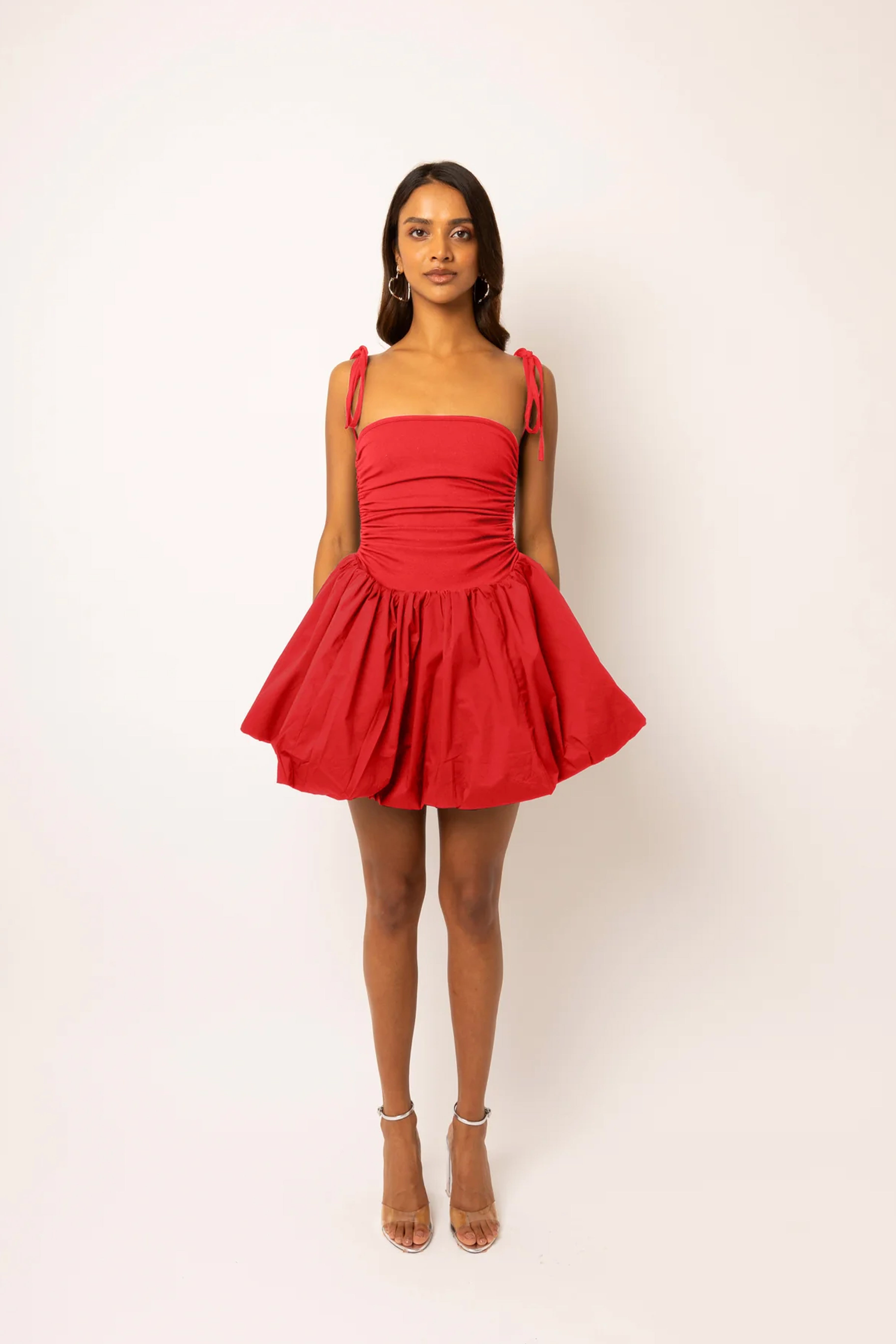 Alexa Cotton Cherry Red Puffball Mini Dress
