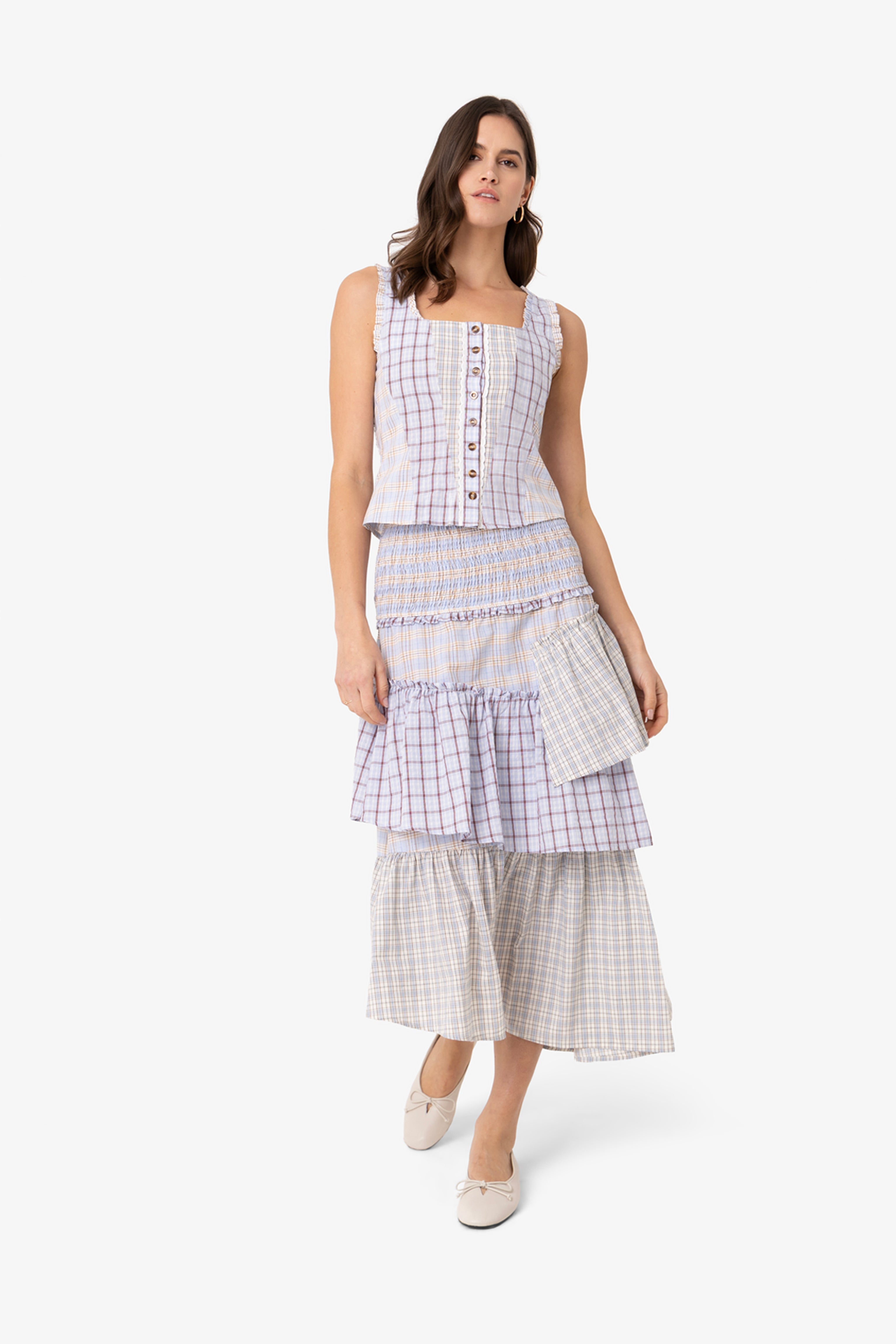 Brittany Multi Check Cotton Blend Frill Top