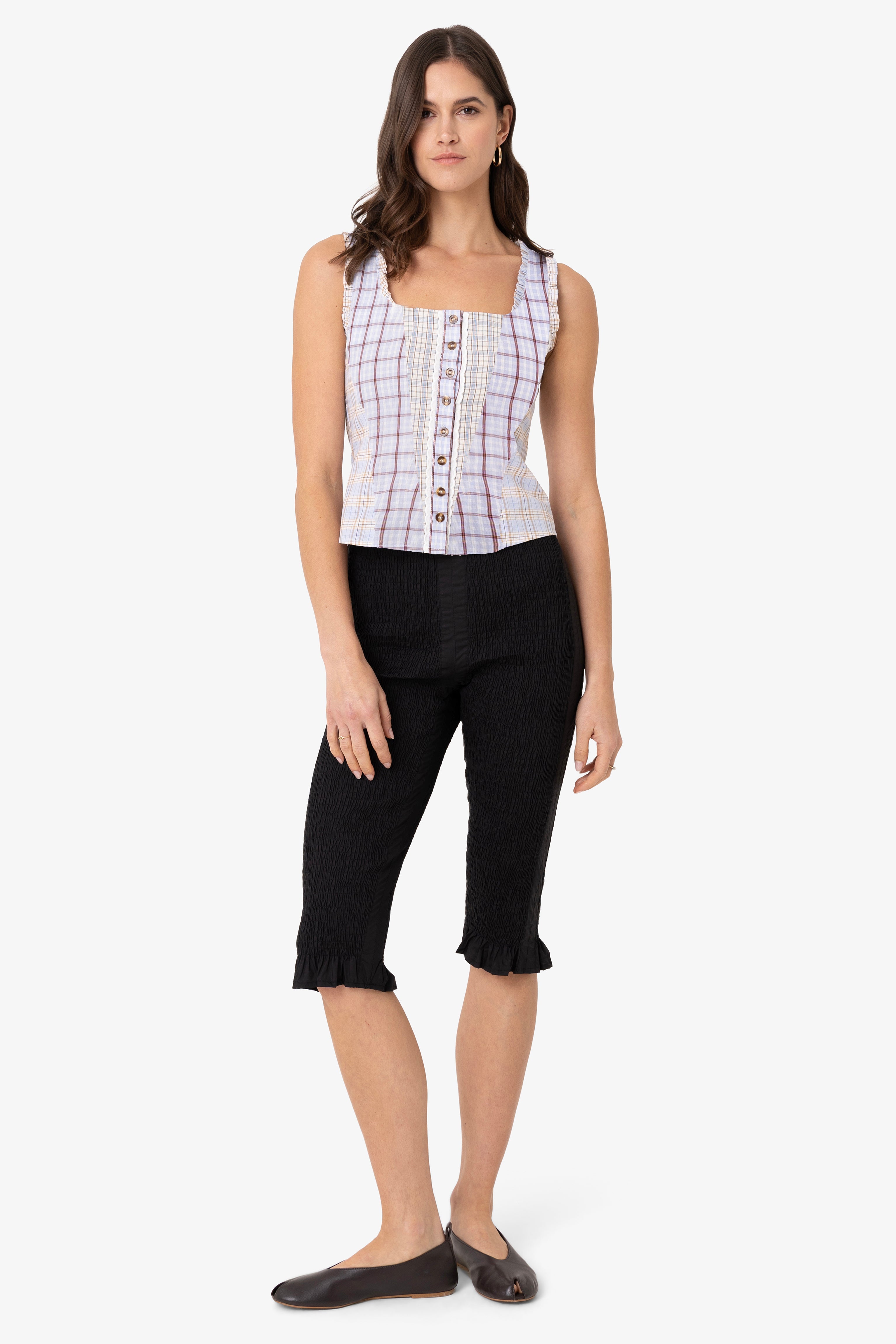 Brittany Multi Check Cotton Blend Frill Top