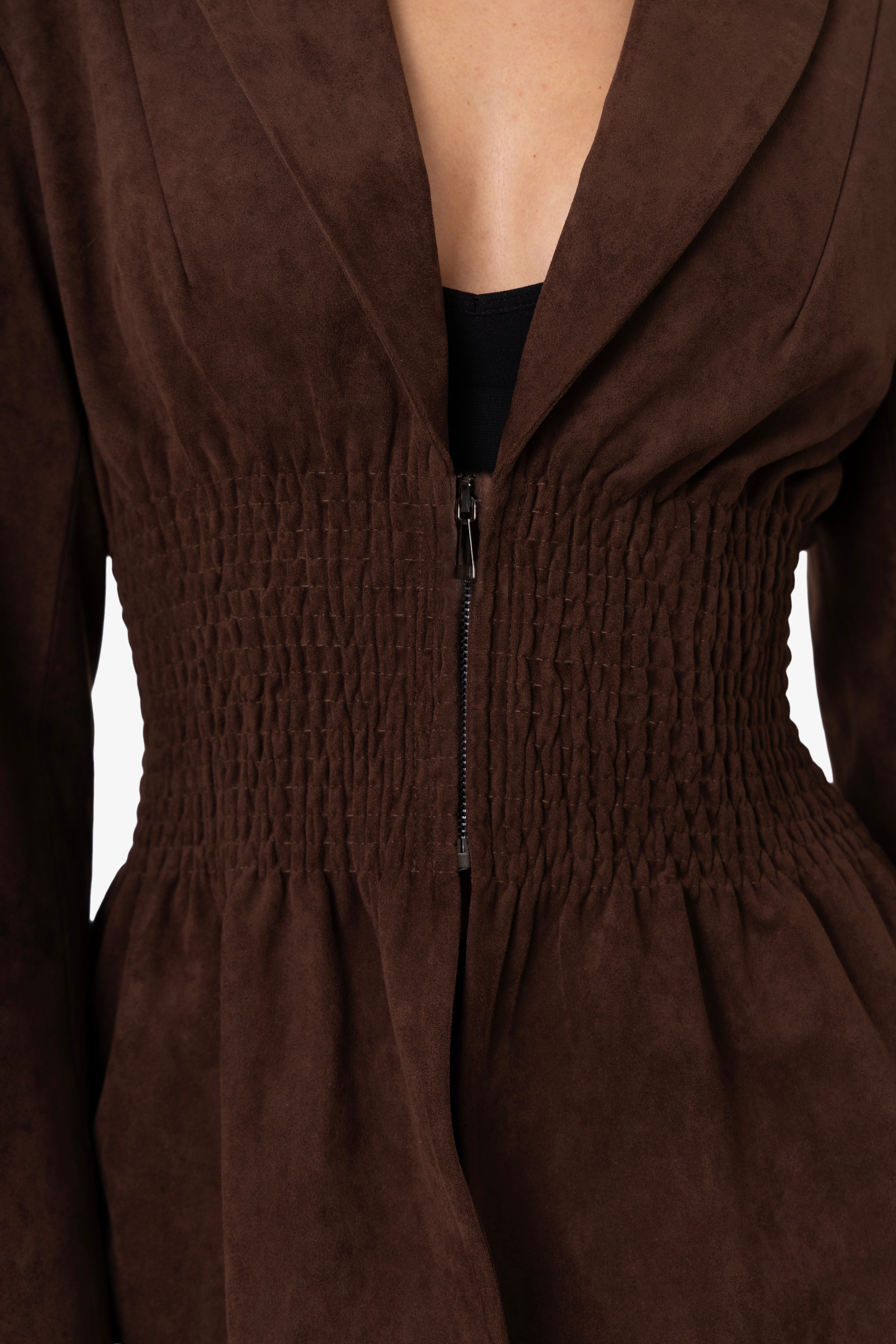 Rina Faux Suede Boxy Blazer Jacket with Smocked Waist