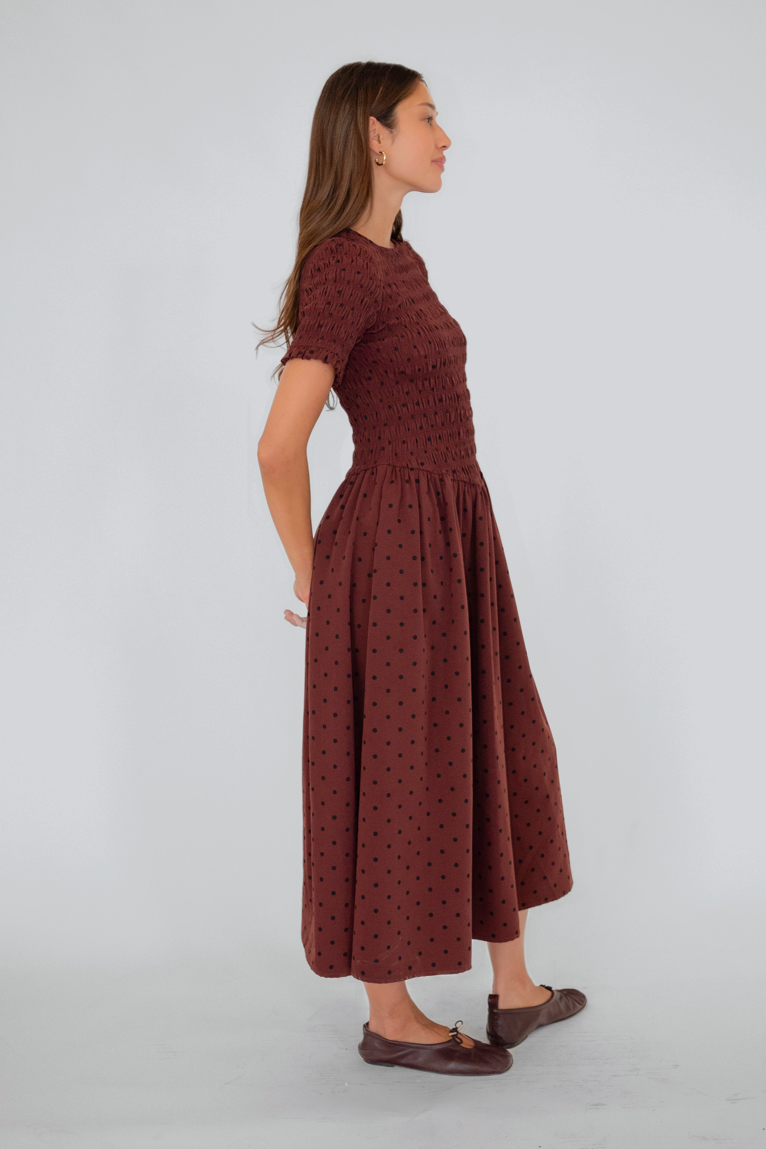 Beatrix Smocked Plum Polka Dot Midi Dress