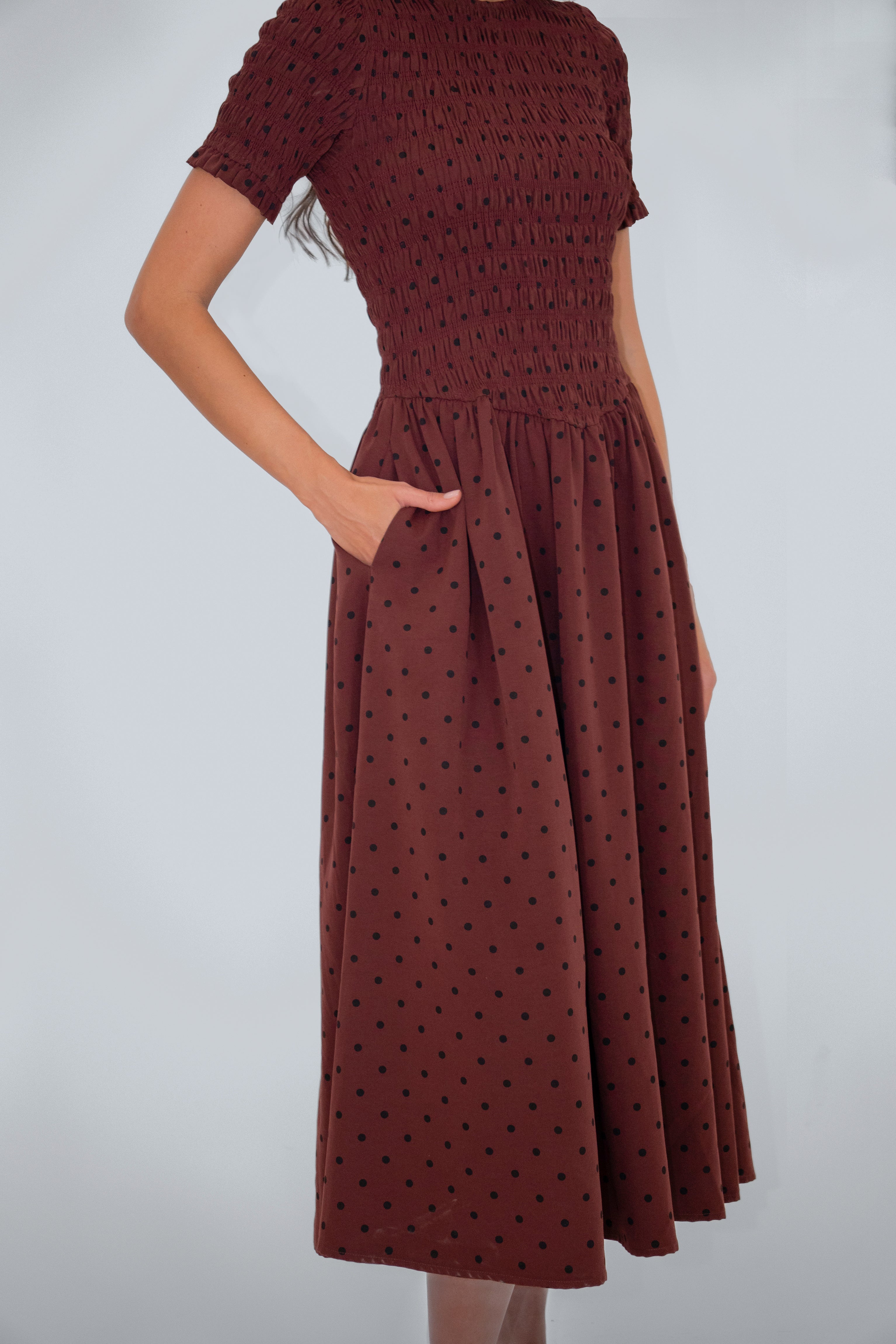 Beatrix Smocked Plum Polka Dot Midi Dress