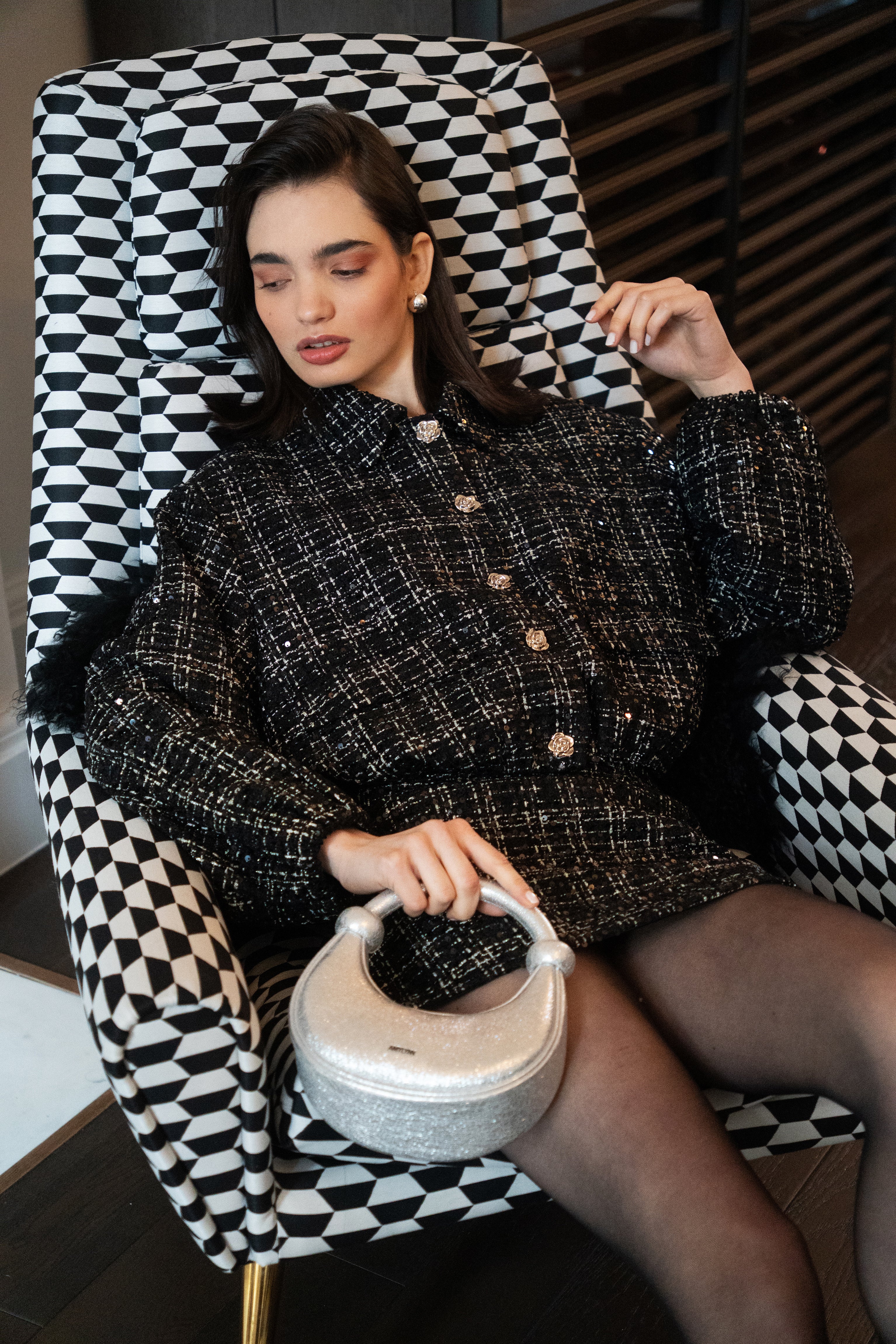 Marnie Black Sequin Boucle Cropped Jacket