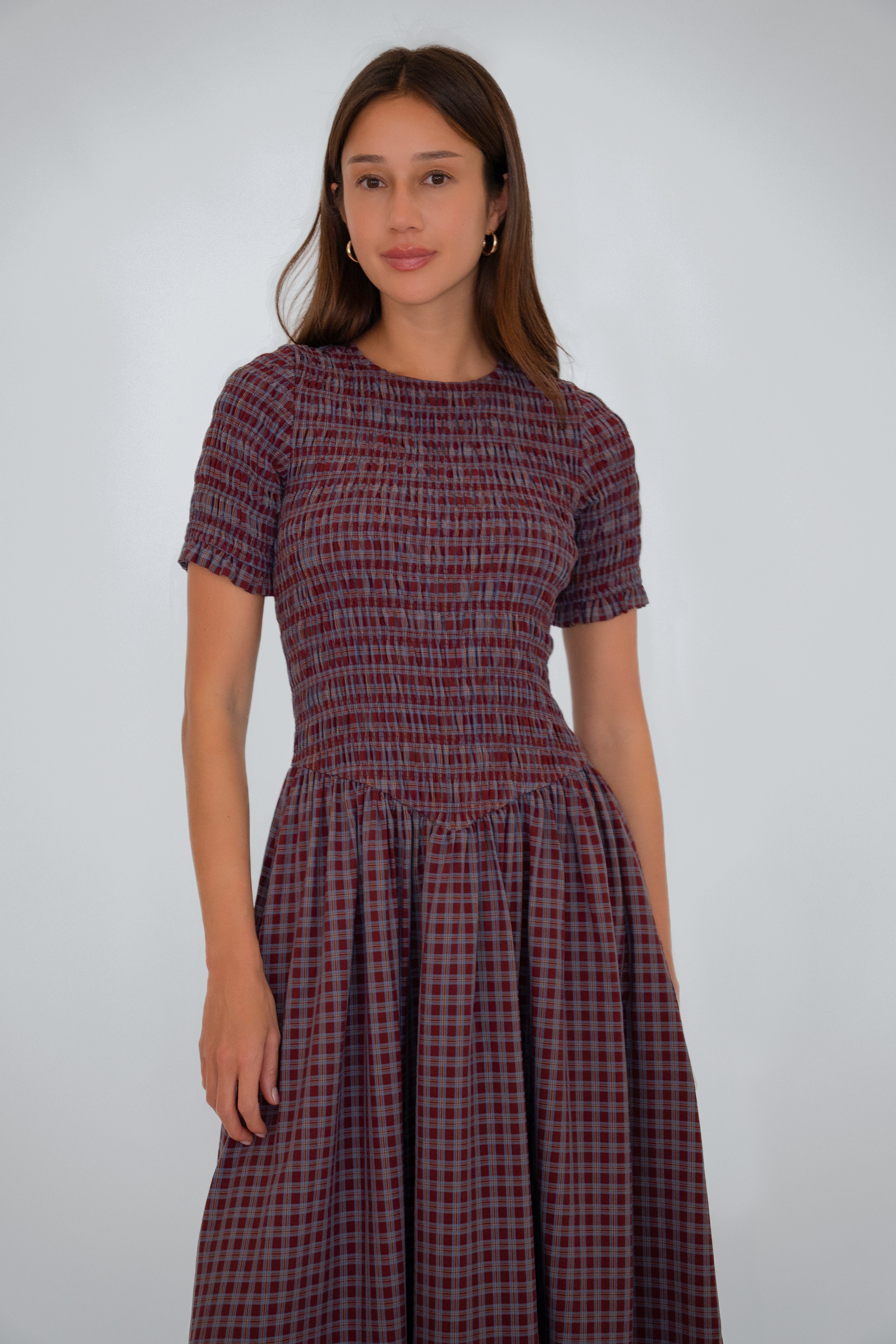 Beatrix Smocked Grape Plaid Midi Dress