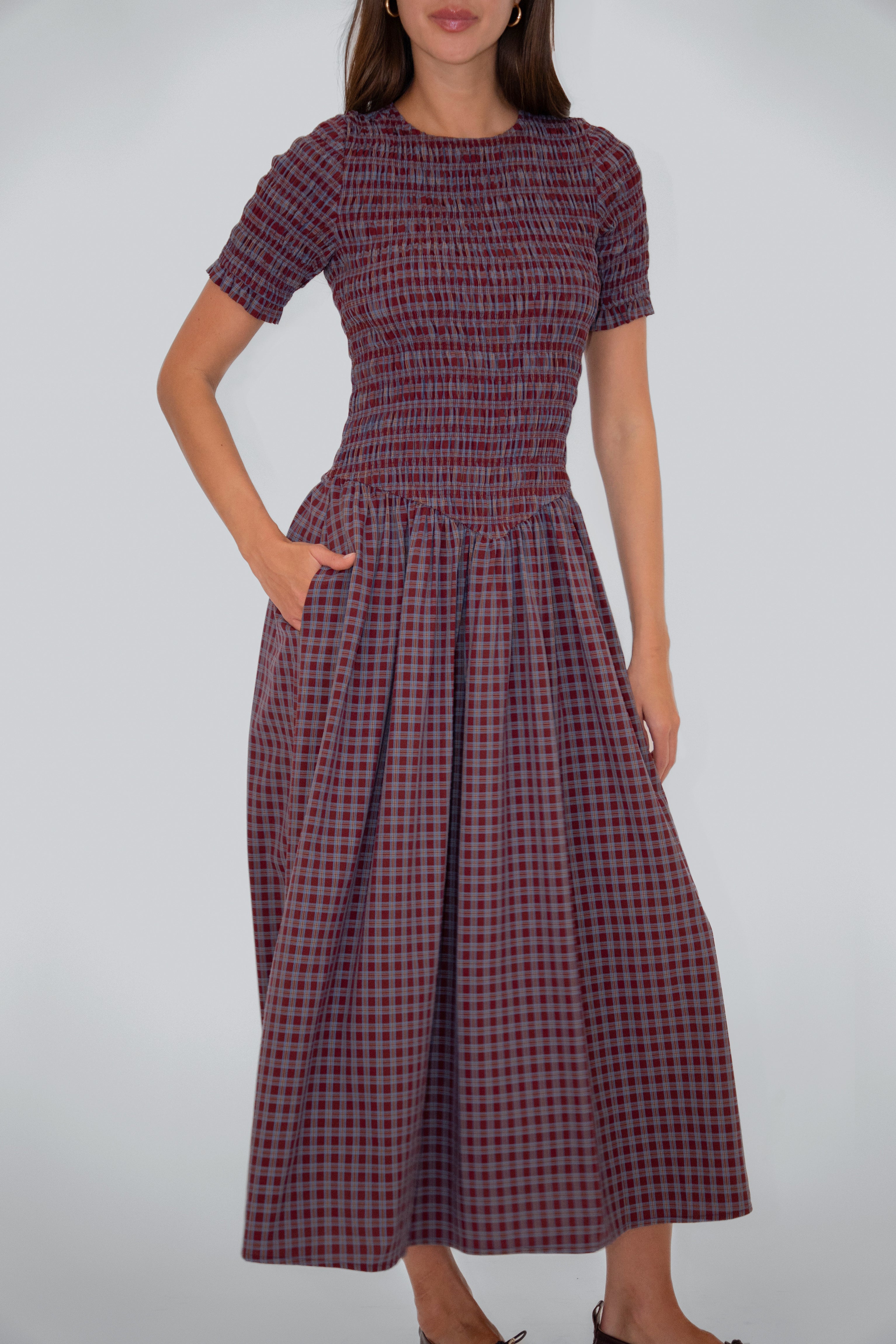 Beatrix Smocked Grape Plaid Midi Dress