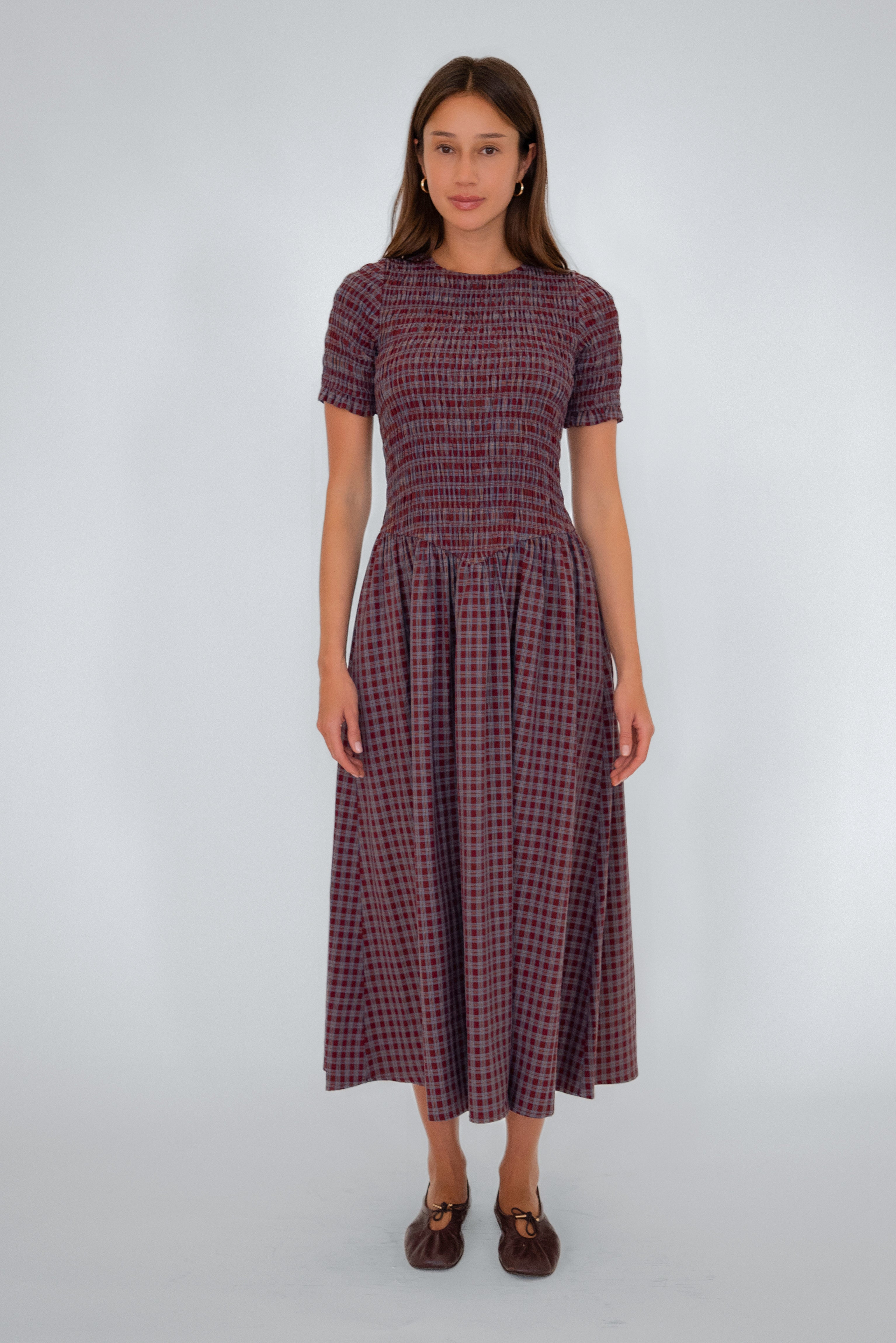 Beatrix Smocked Grape Plaid Midi Dress
