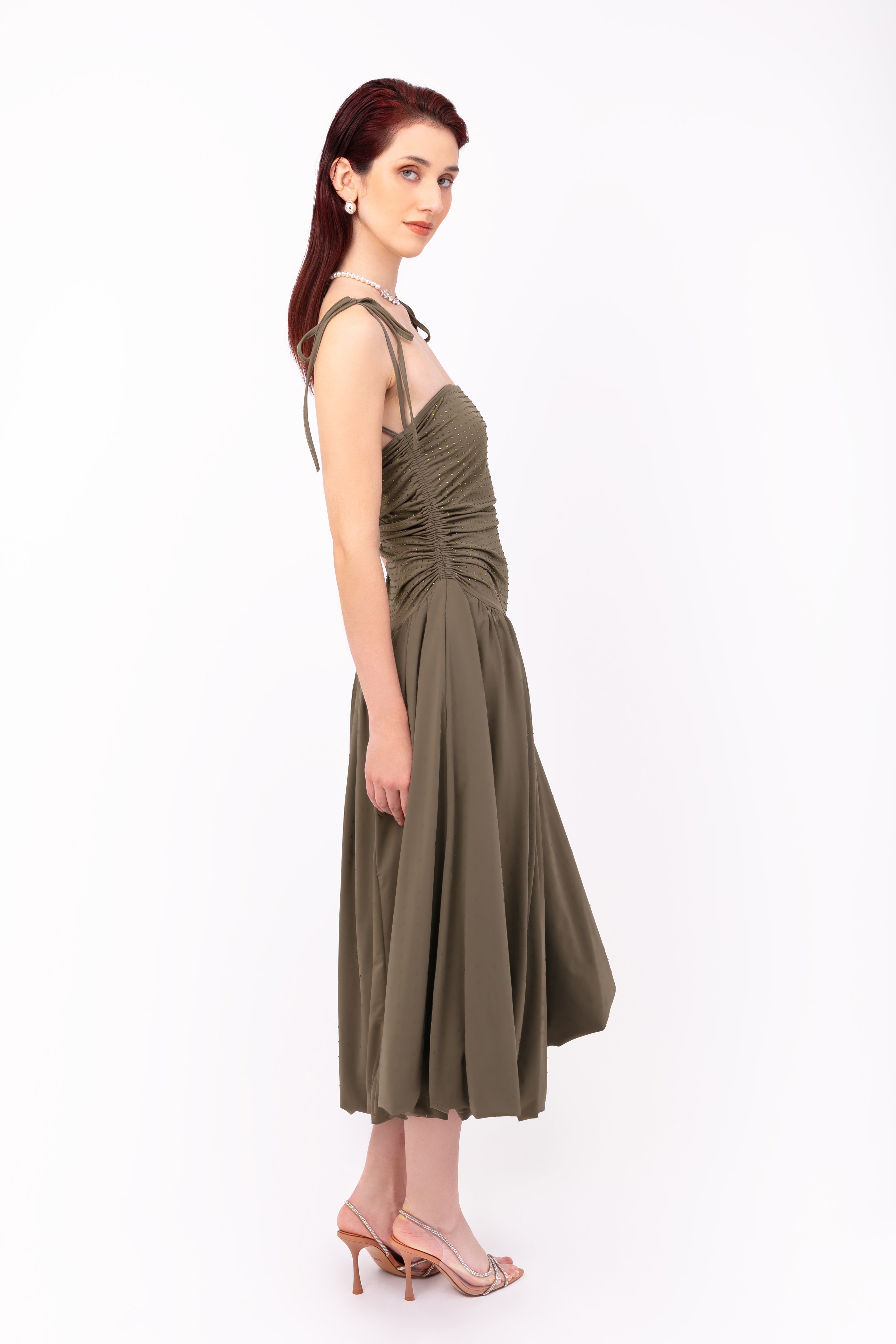 Alexa Pure Cotton Khaki Rhinestone Embellished Puffball Dress