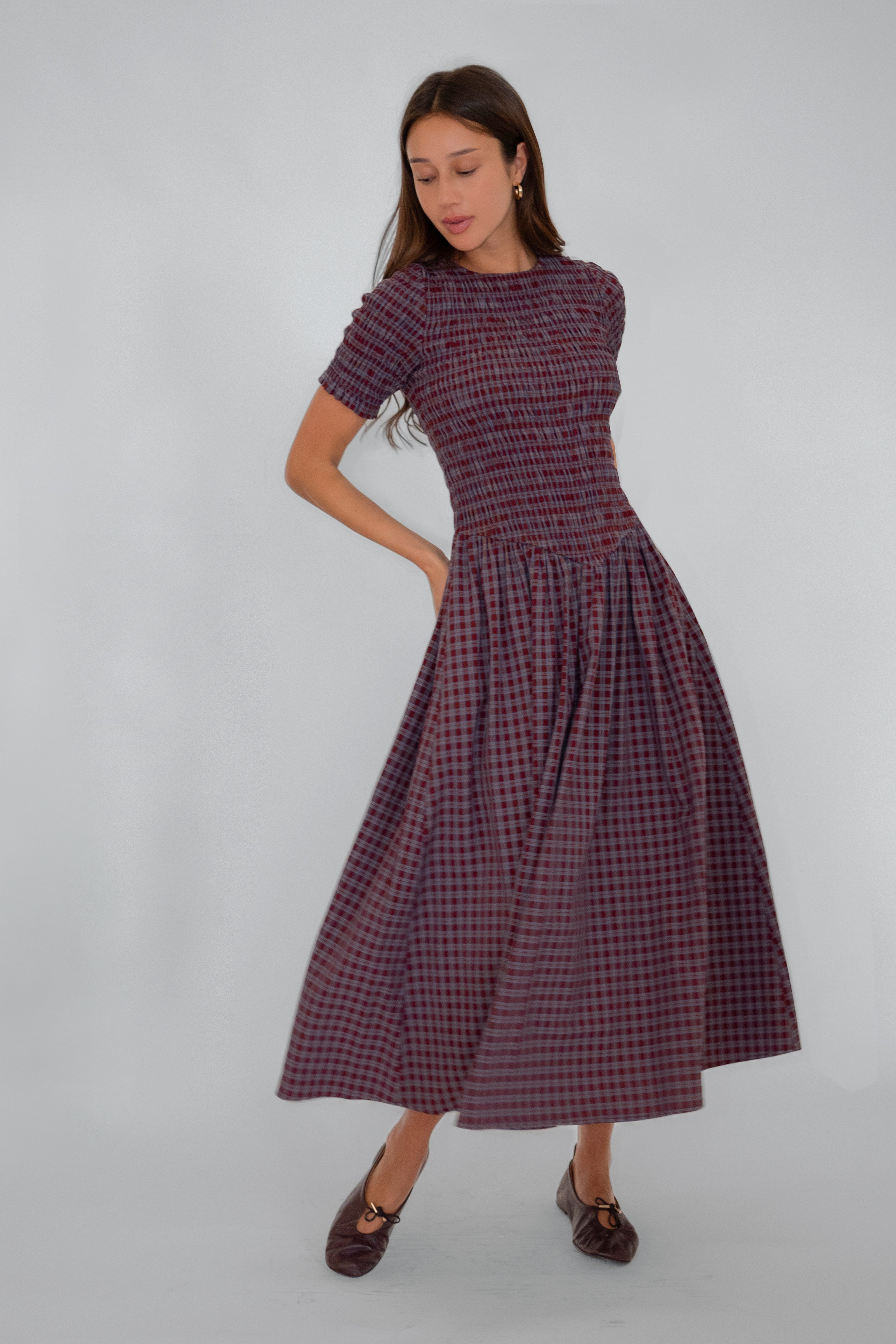 Beatrix Smocked Grape Plaid Midi Dress