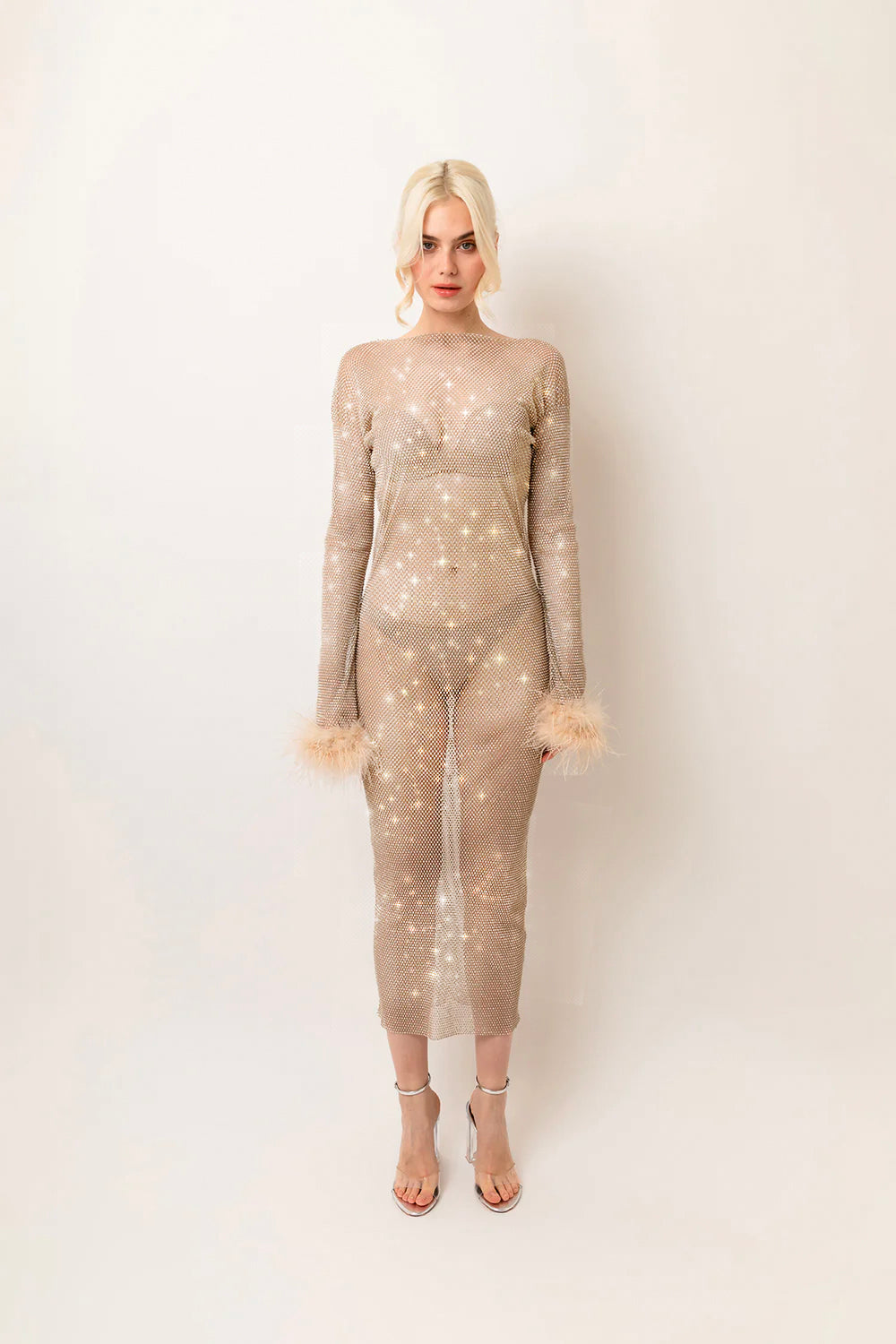 Seville Champagne Rhinestone Maxi Dress: A Stunning Embellished Mesh Dress with Long Sleeves and Feather Trim | AmyLynn