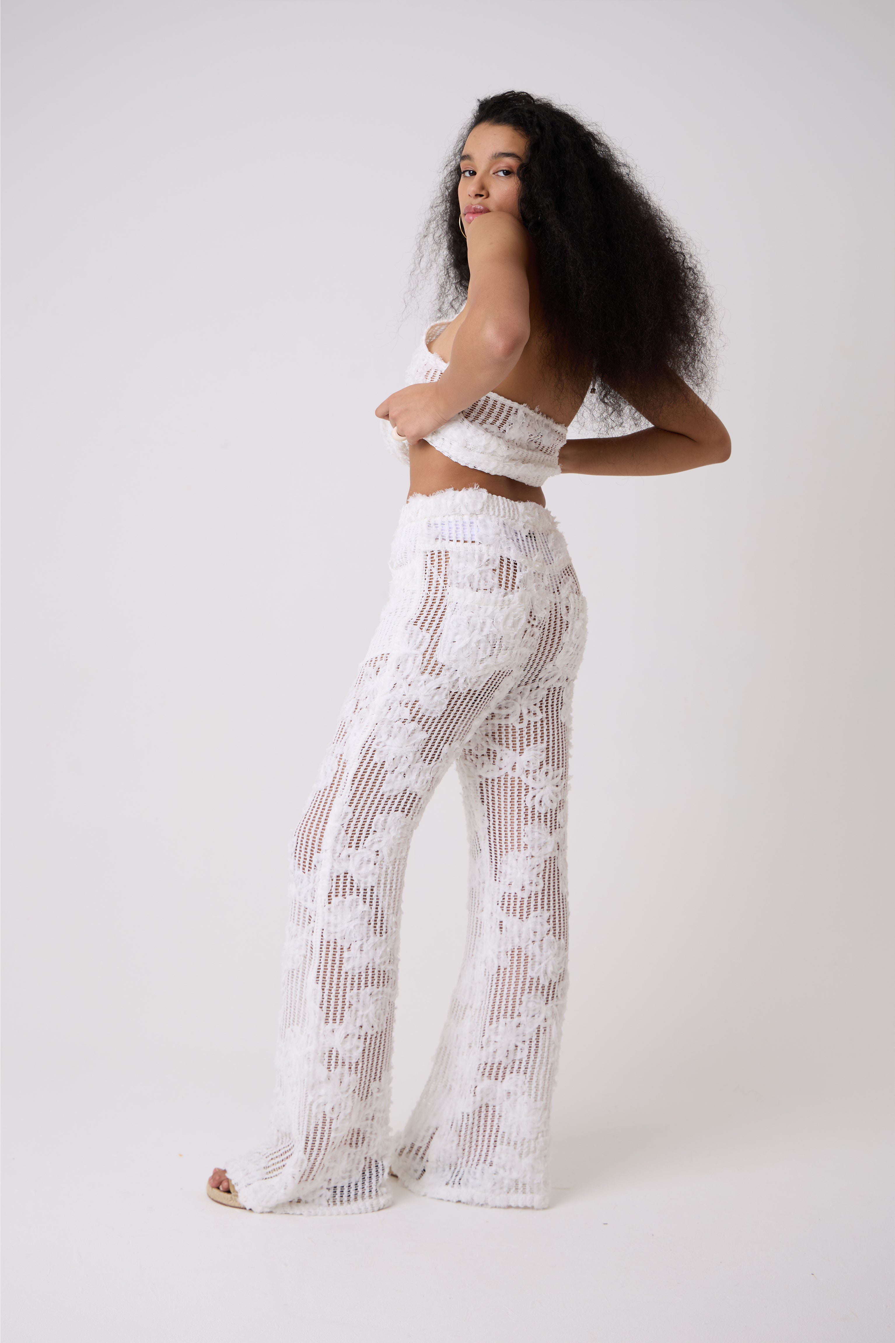Cici White Pure Cotton Crochet Floral Lace Wide Leg Trouser