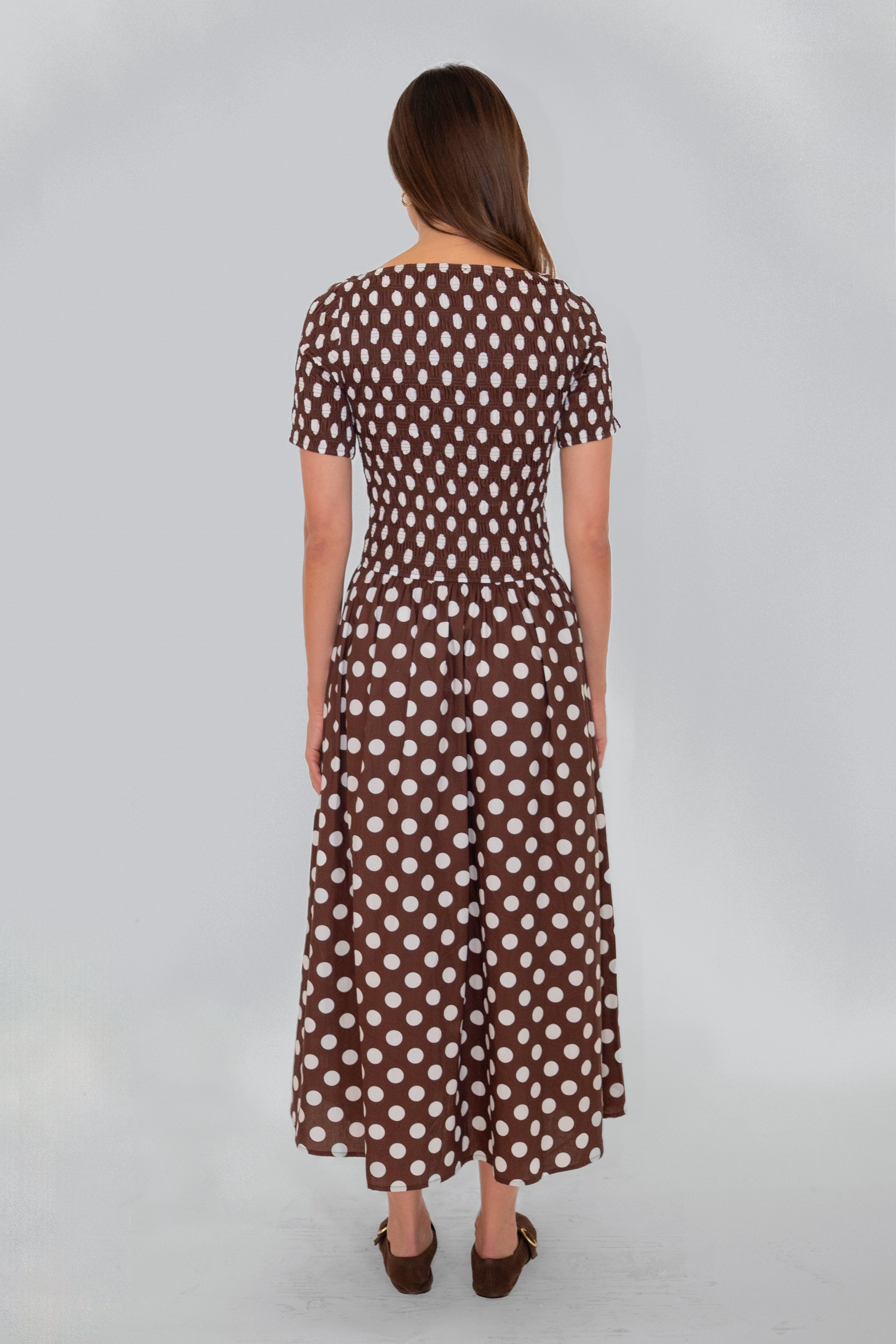 Matilda Pure Cotton Brown Polka Dot Midi Dress