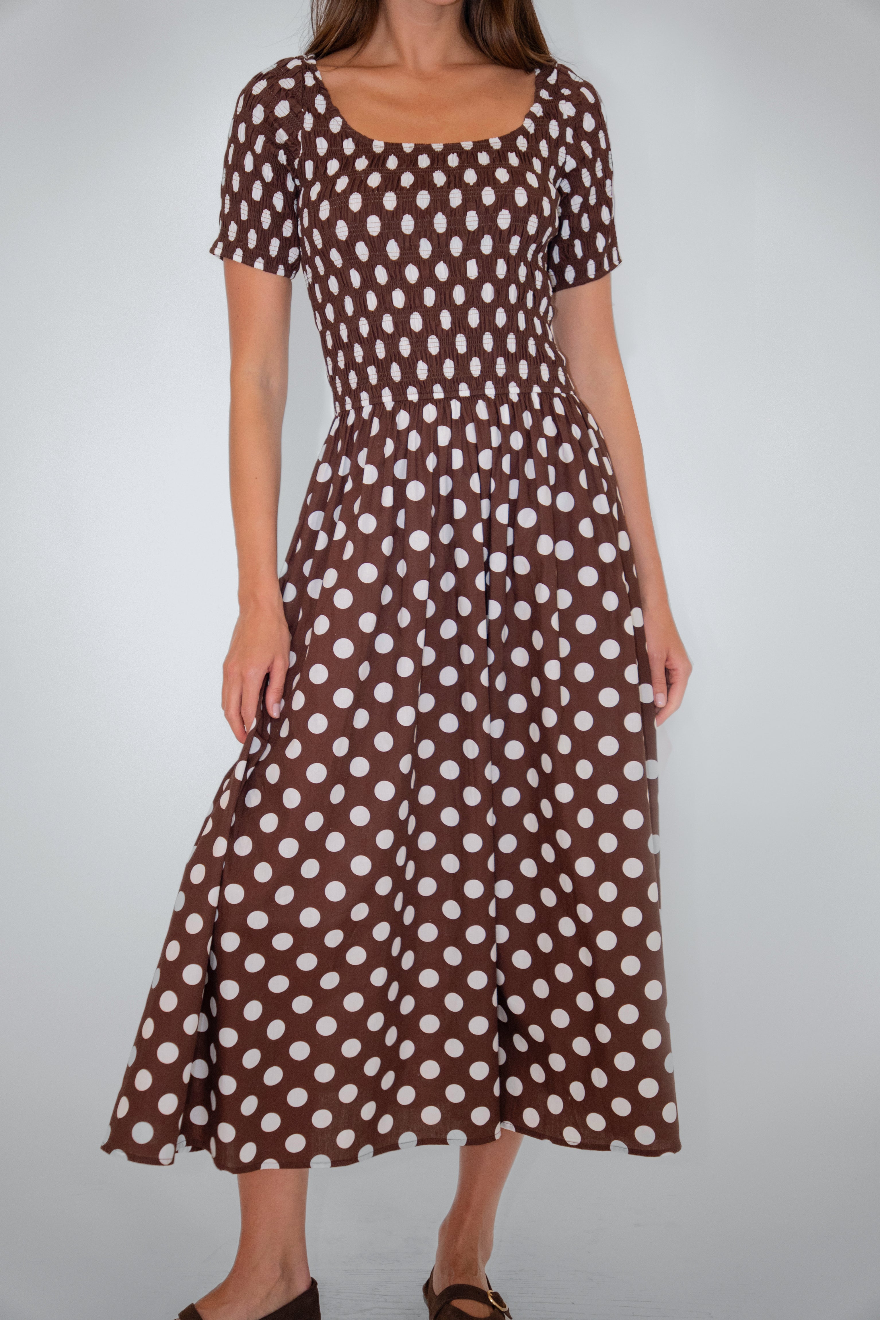 Matilda Pure Cotton Brown Polka Dot Midi Dress