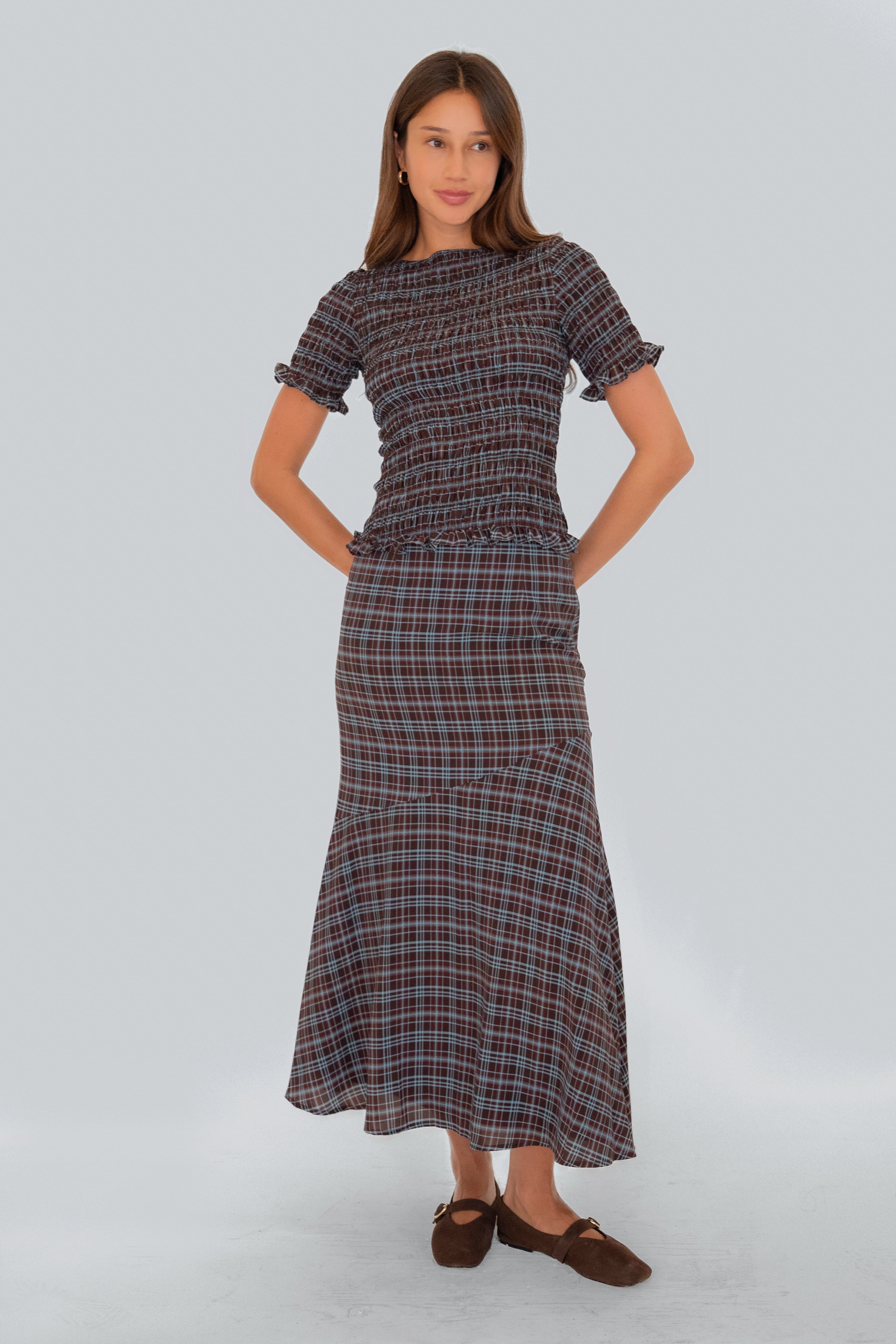 Alma Heritage Check Chiffon Asymmetric Maxi Skirt