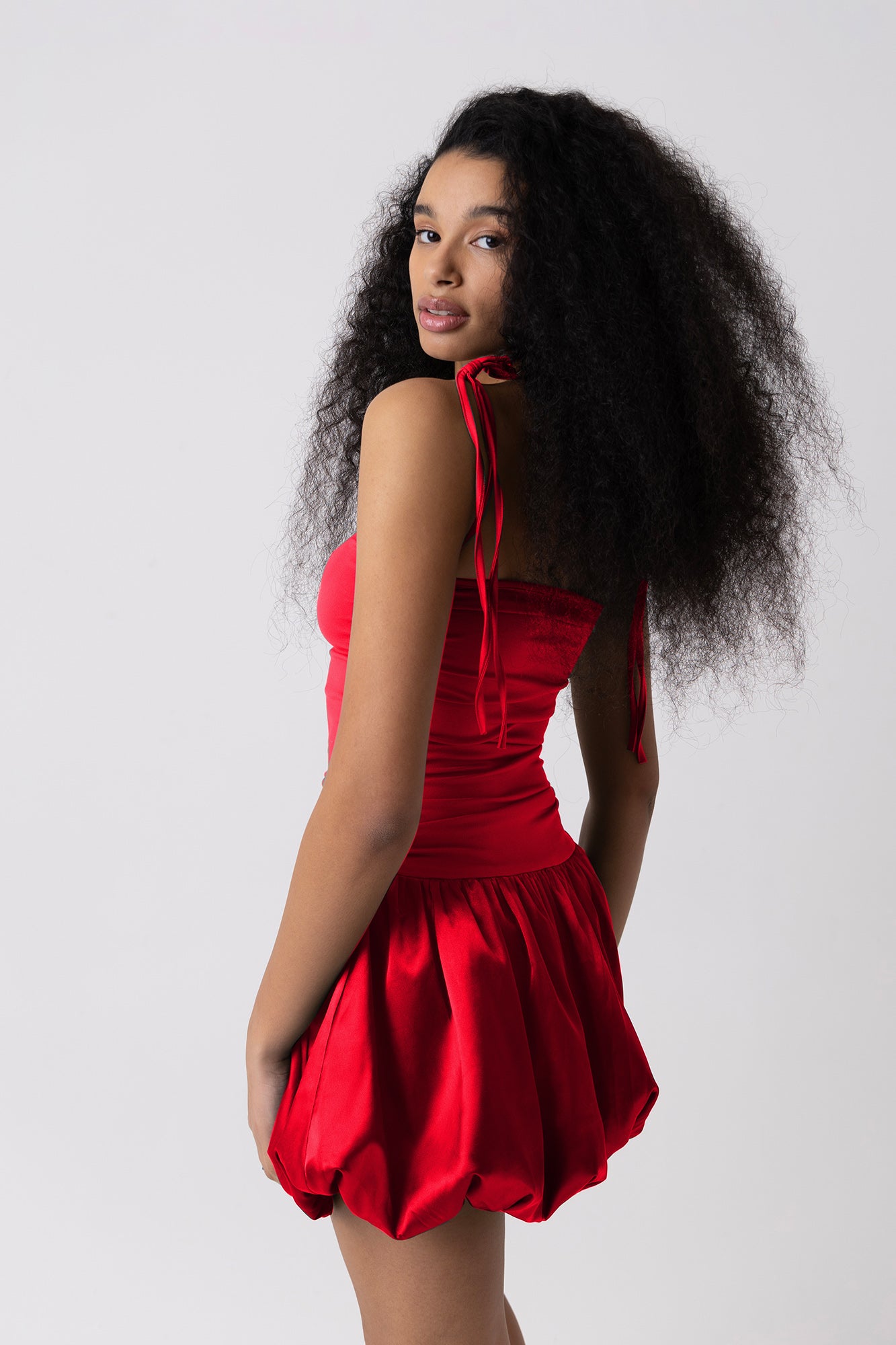 Alexa Red Satin Puffball Ultra Mini Dress