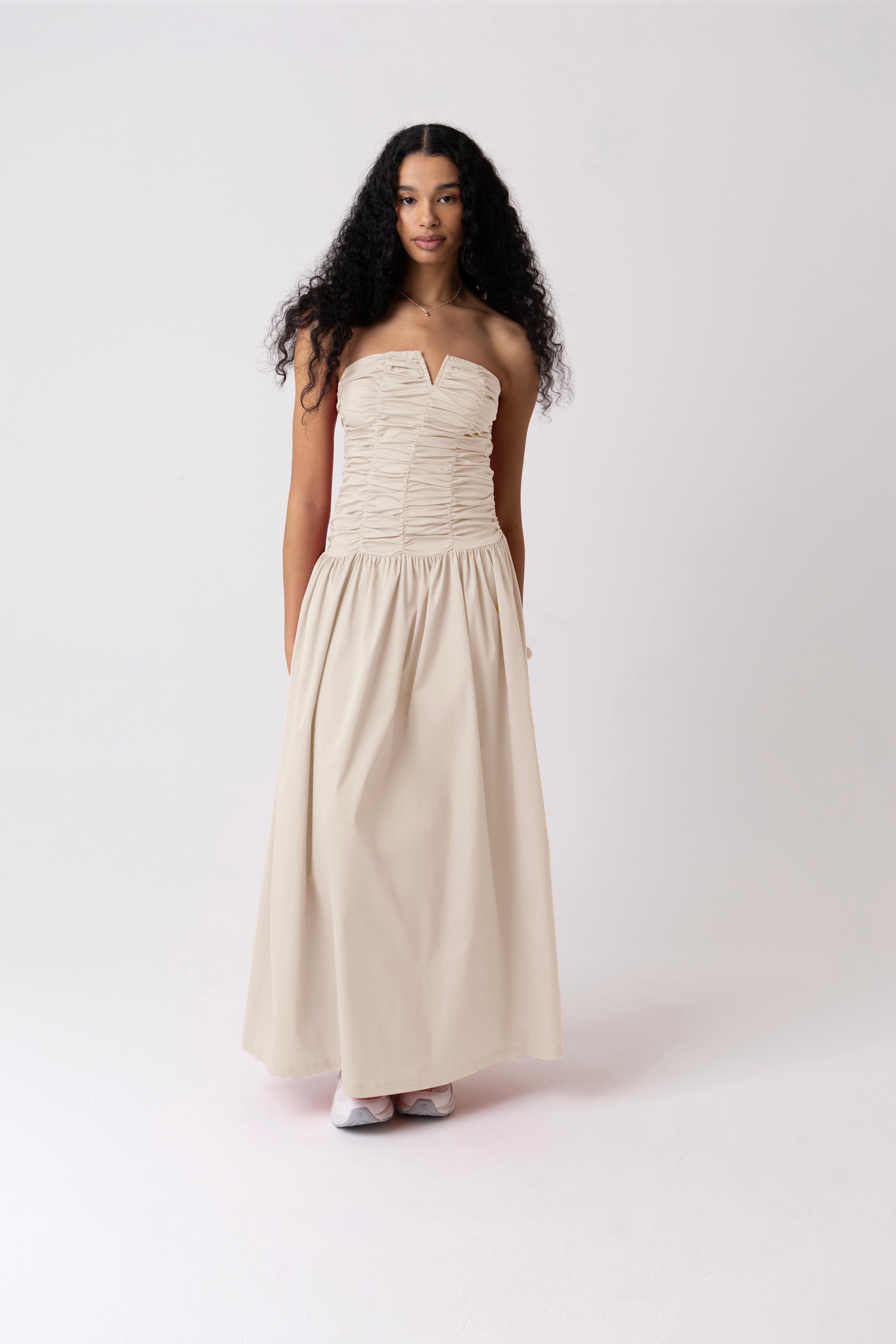 Shyla Pure Cotton Milk Ruched Column Bardot Maxi Dress
