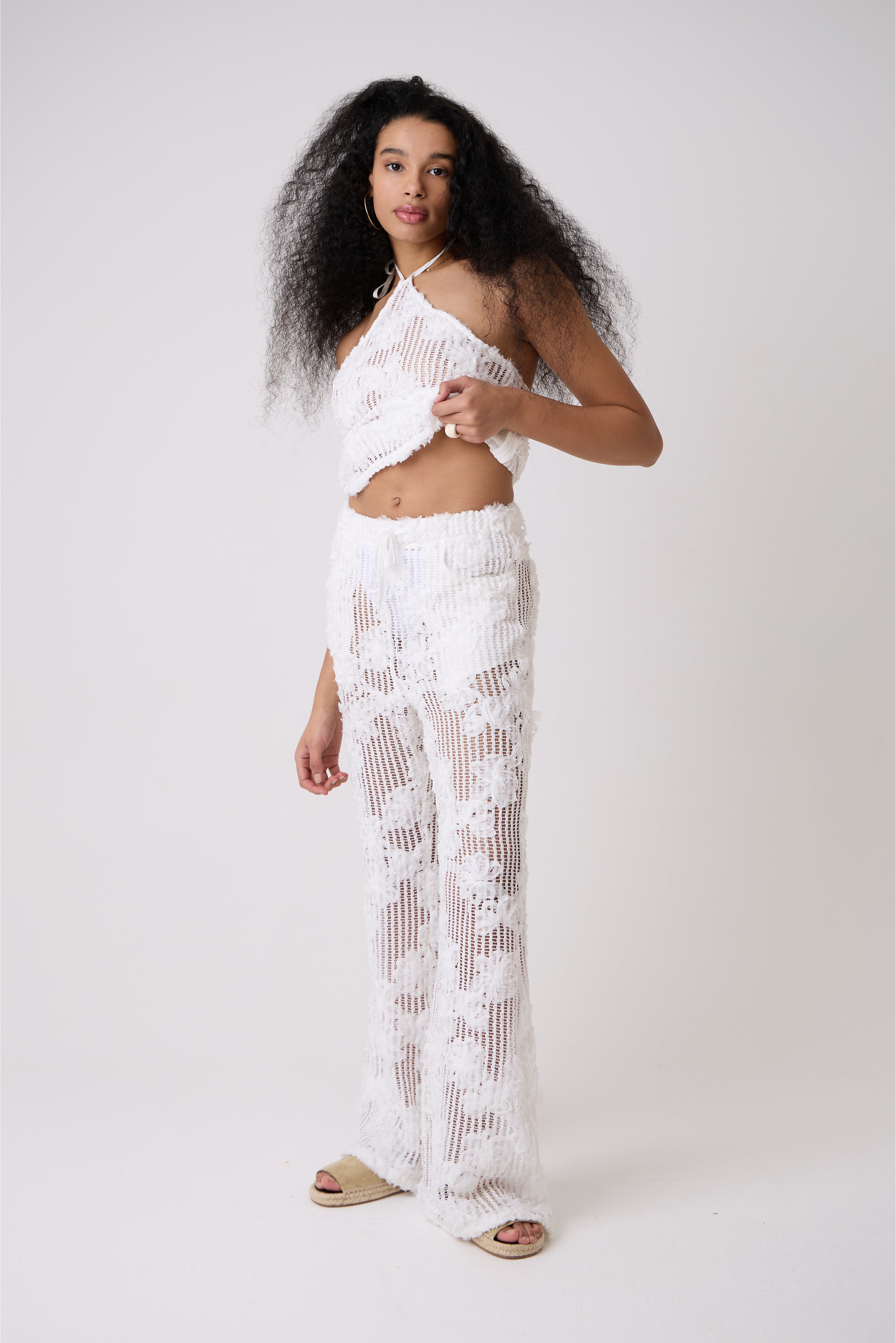 Cici White Pure Cotton Crochet Floral Lace Wide Leg Trouser