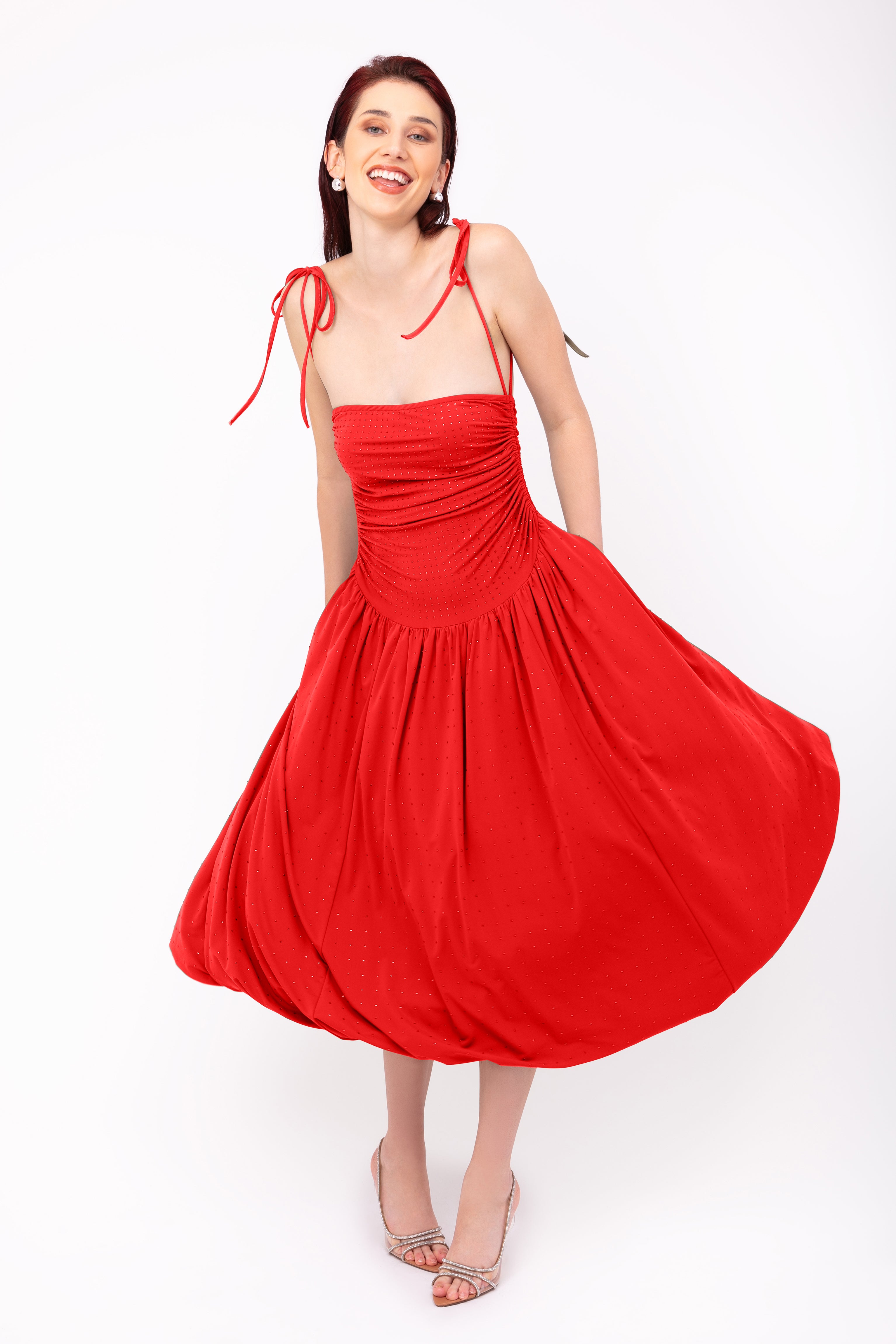 Alexa Cherry Red Rhinestone Embellished Puffball Dress