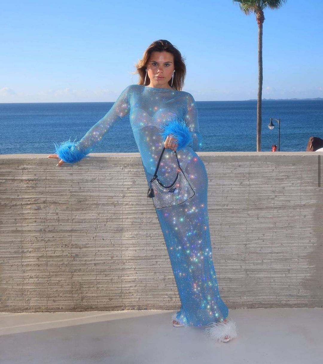 Seville Blue Net Mesh Rhinestone Maxi Dress