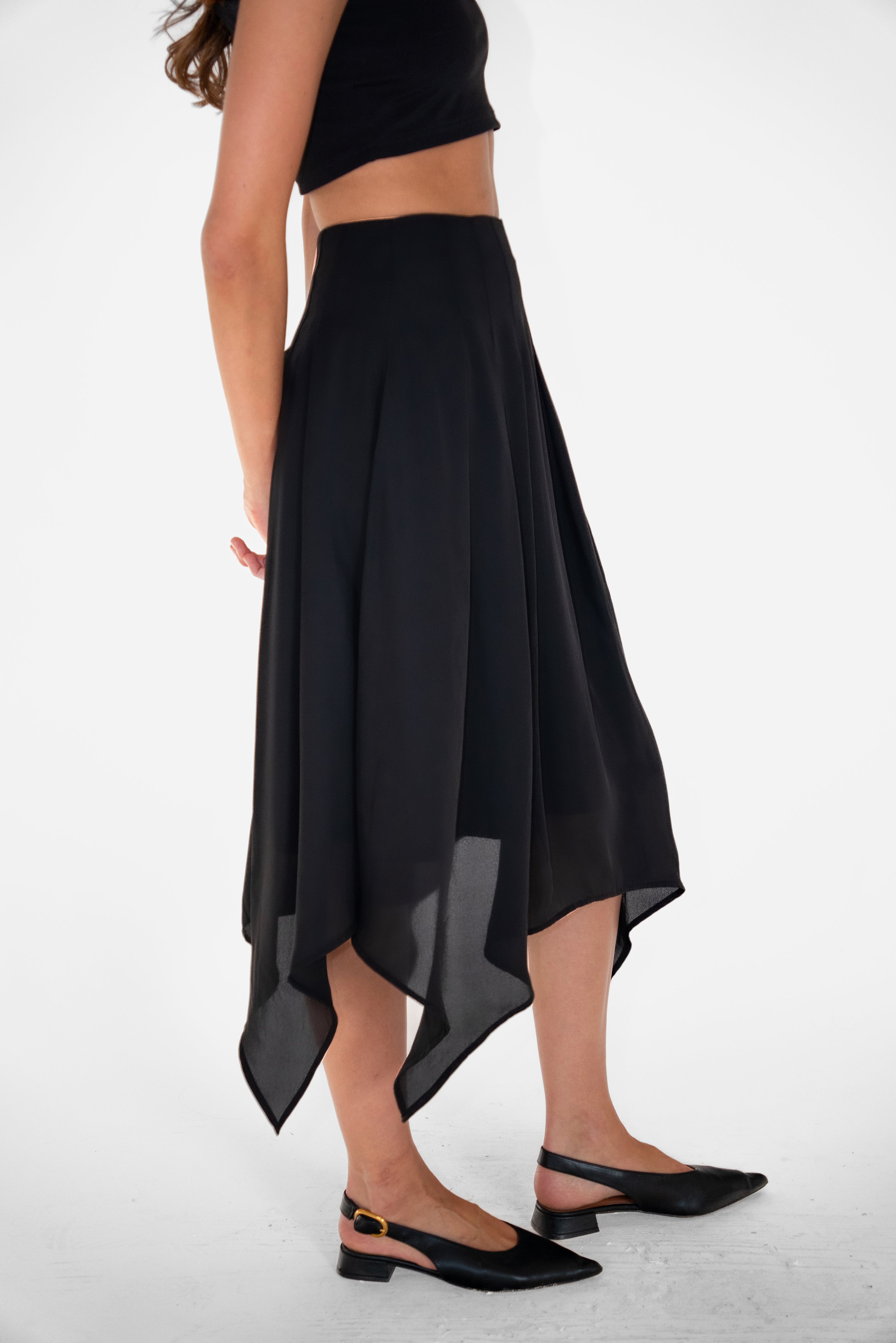 Tilda Black Asymmetric Chiffon Midi Skirt
