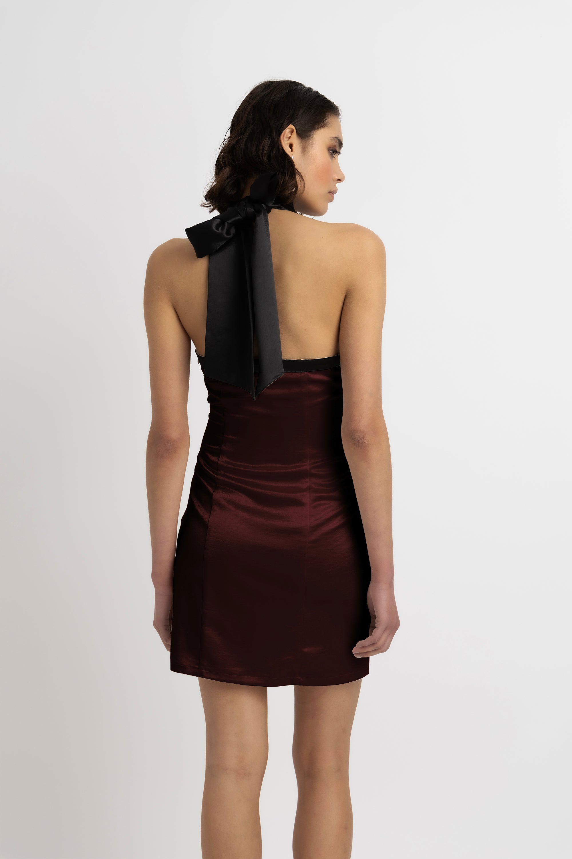 Rosella Satin Halterneck Mini Dress in Brown