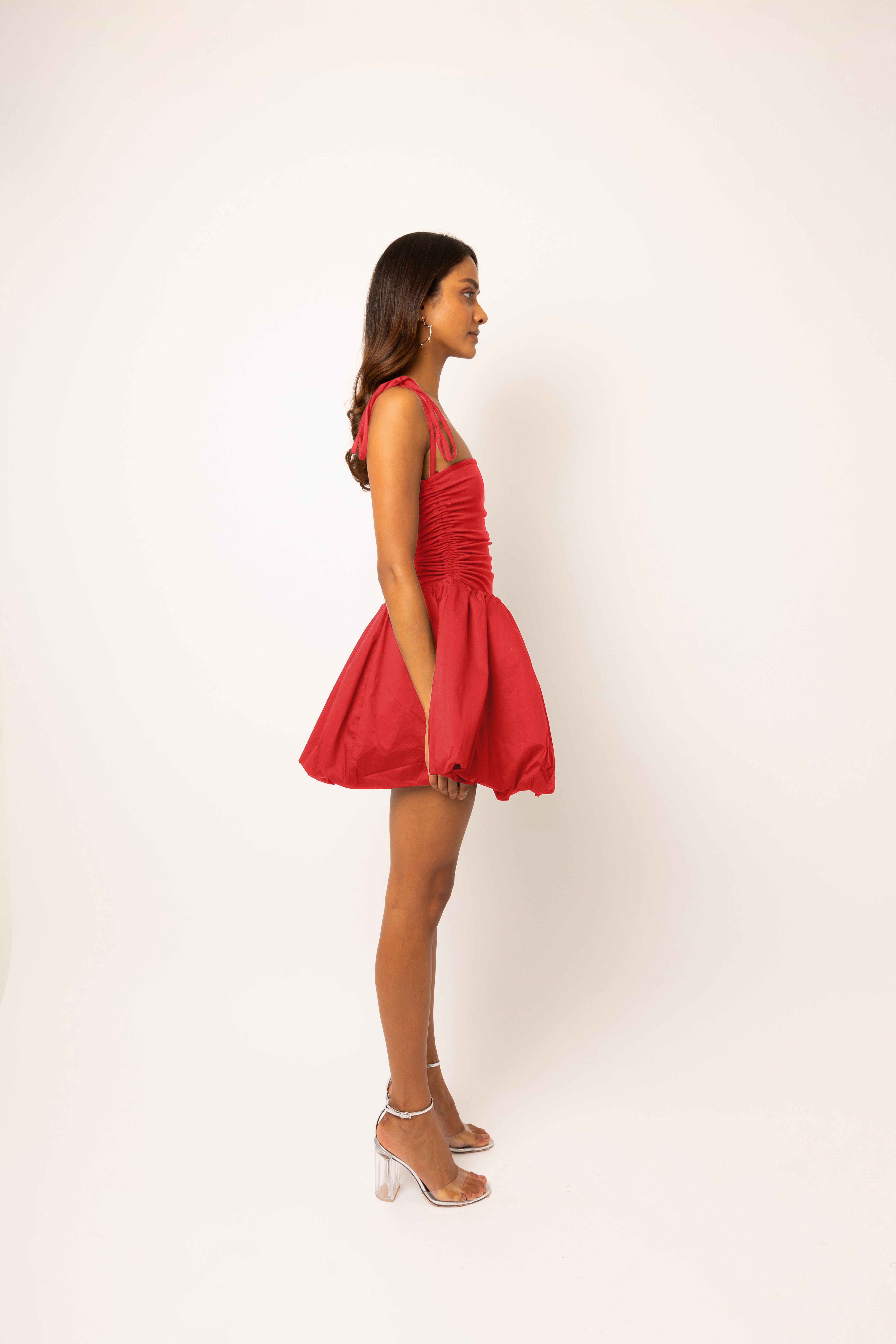Alexa Cotton Cherry Red Puffball Mini Dress