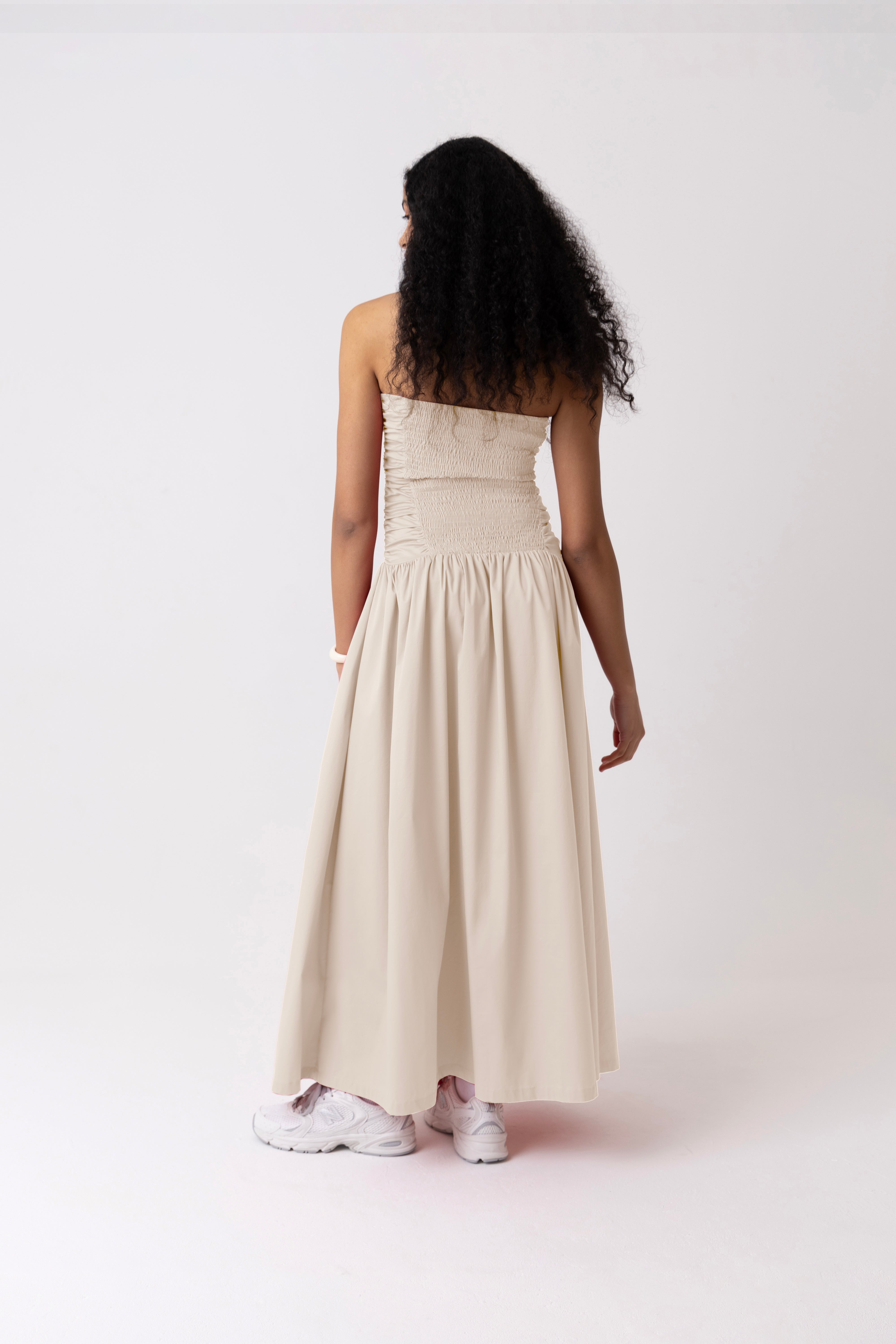 Shyla Pure Cotton Milk Ruched Column Bardot Maxi Dress
