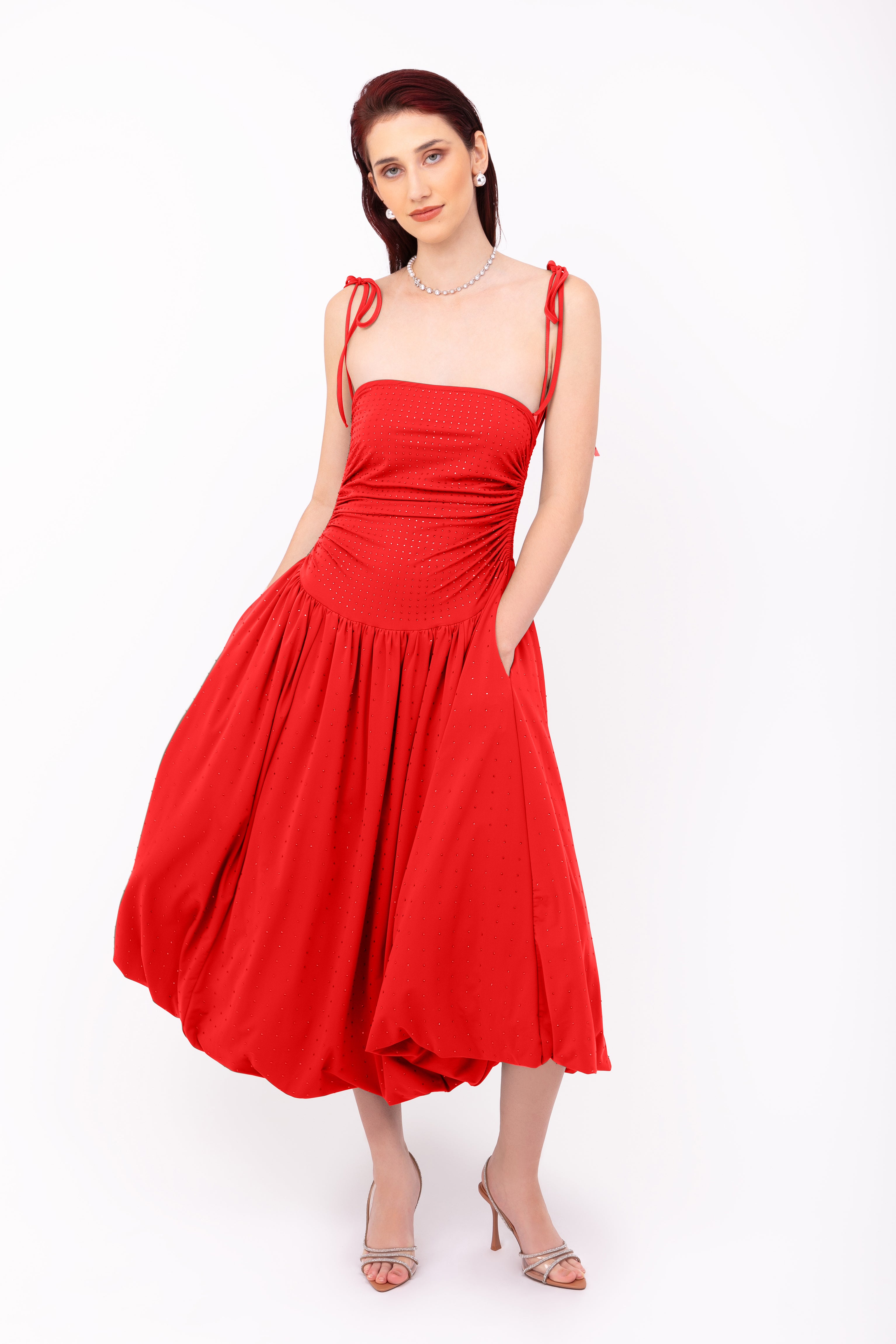 Alexa Cherry Red Rhinestone Embellished Puffball Dress