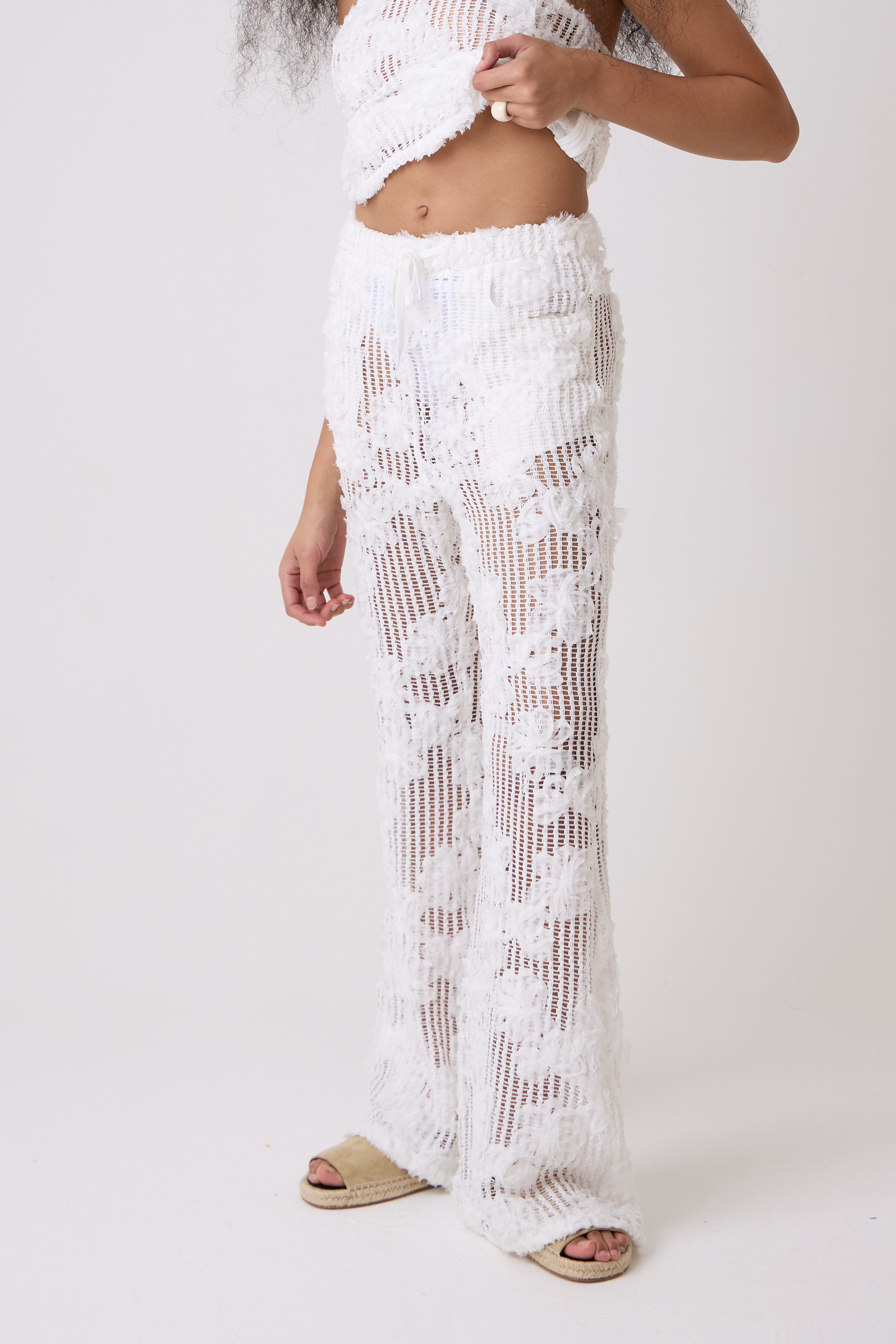 Cici White Pure Cotton Crochet Floral Lace Wide Leg Trouser