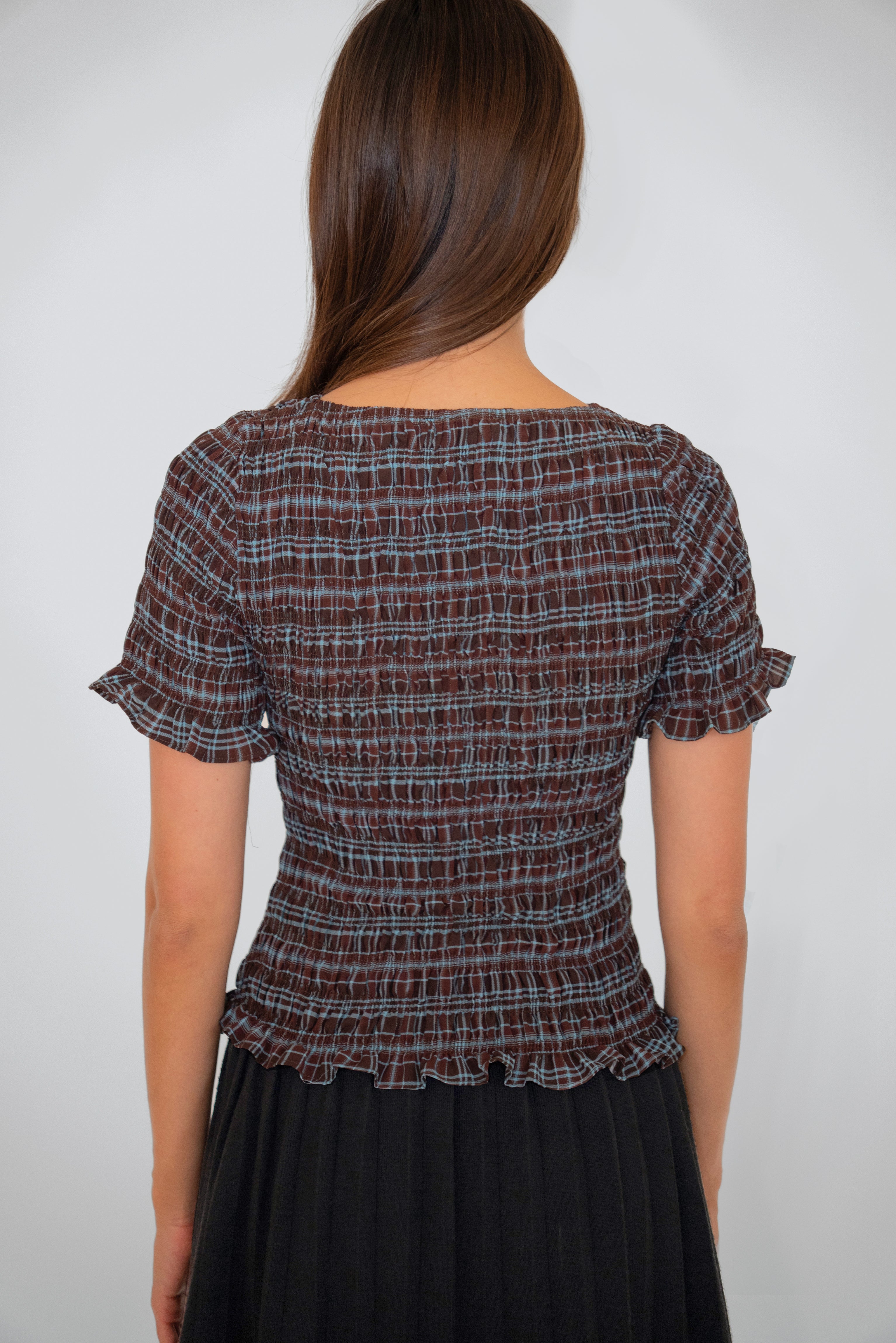 Kitty Heritage Check Chiffon Smocked Frill Sleeve Top