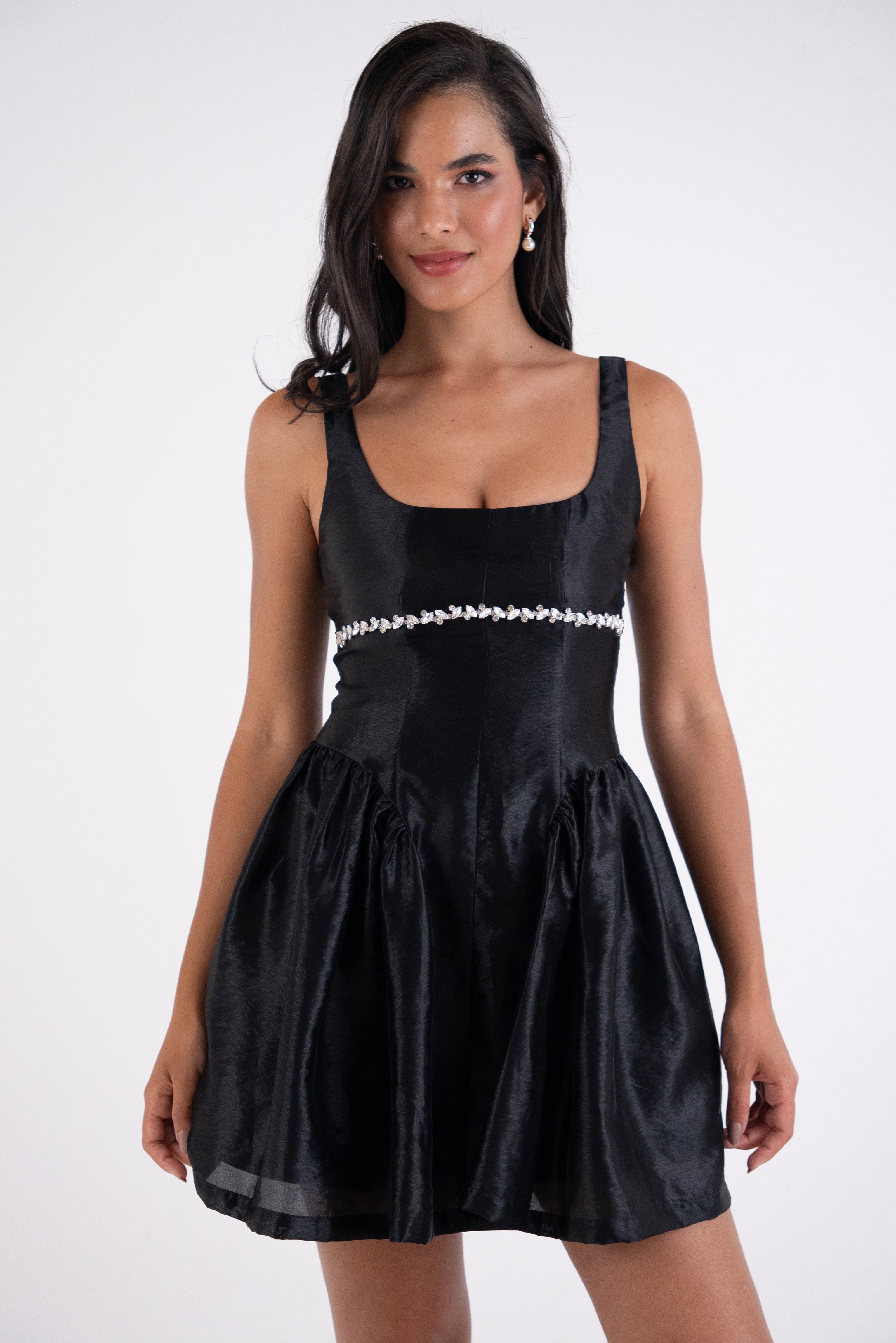 Cheryl Black Embellished Satin Crepe Dress