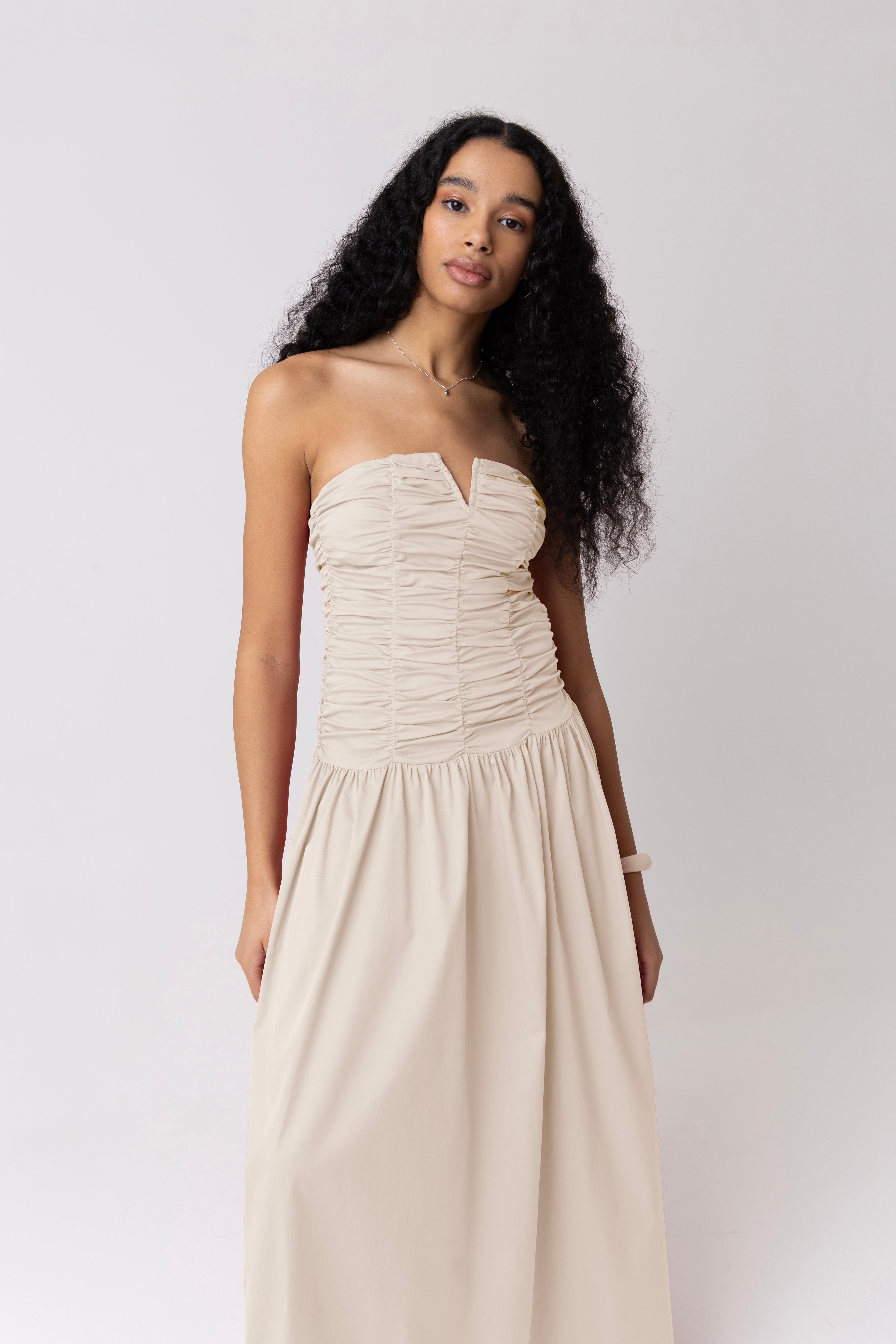 Shyla Pure Cotton Milk Ruched Column Bardot Maxi Dress