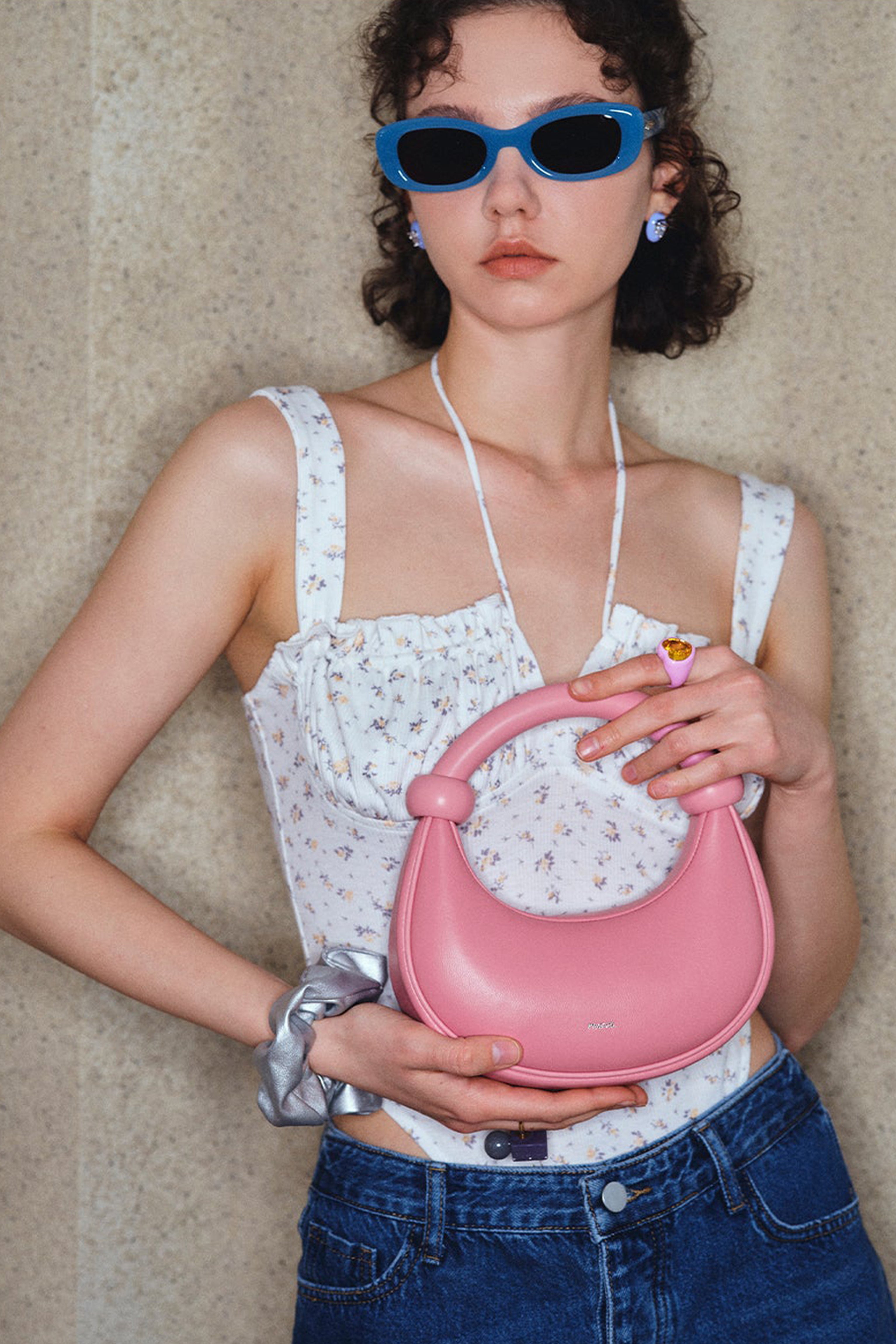 Kyoto Rose Pink Leather Crossbody Crescent Bag