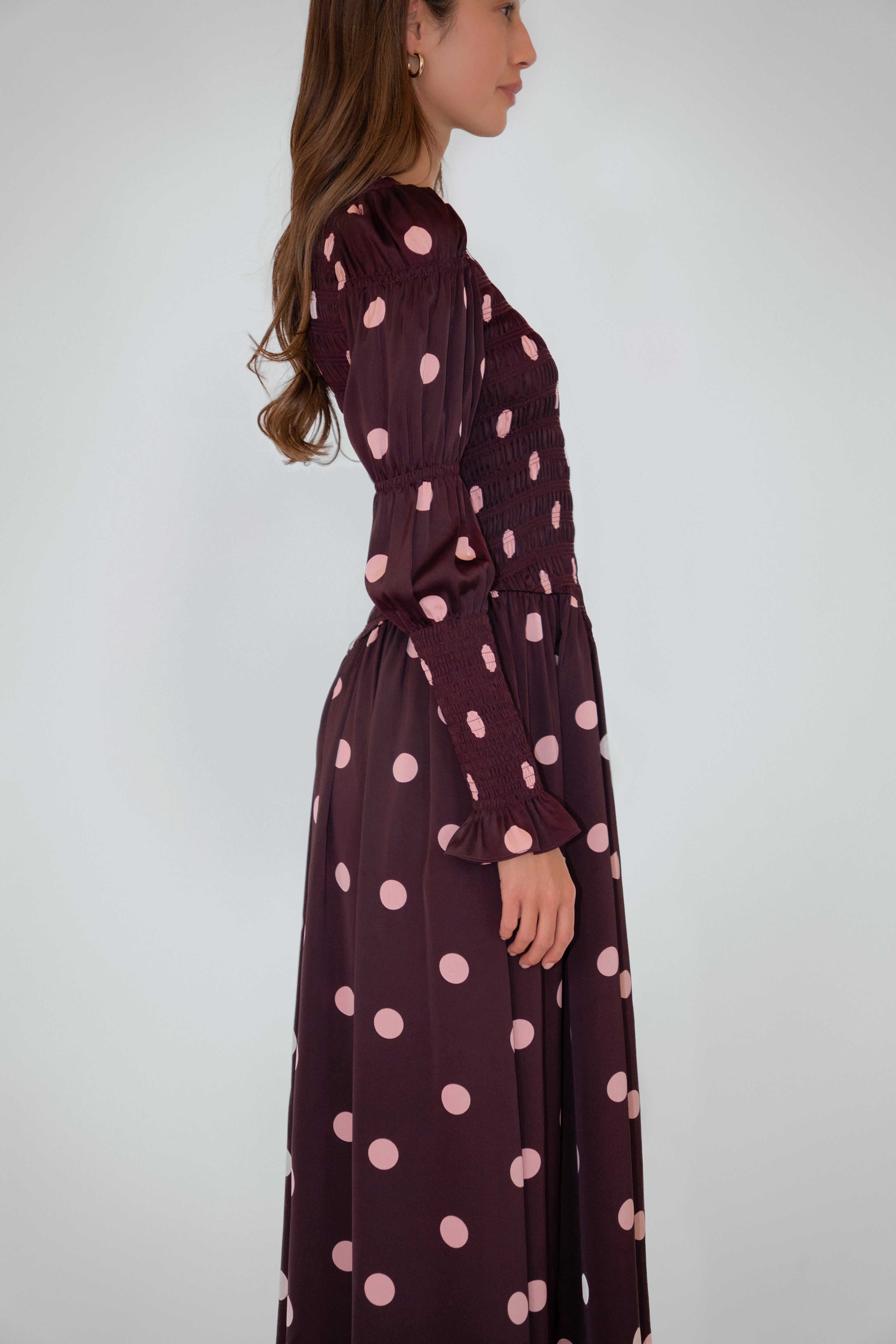 Mabel Polka Dot Satin Smocked Longsleeve Midaxi Dress