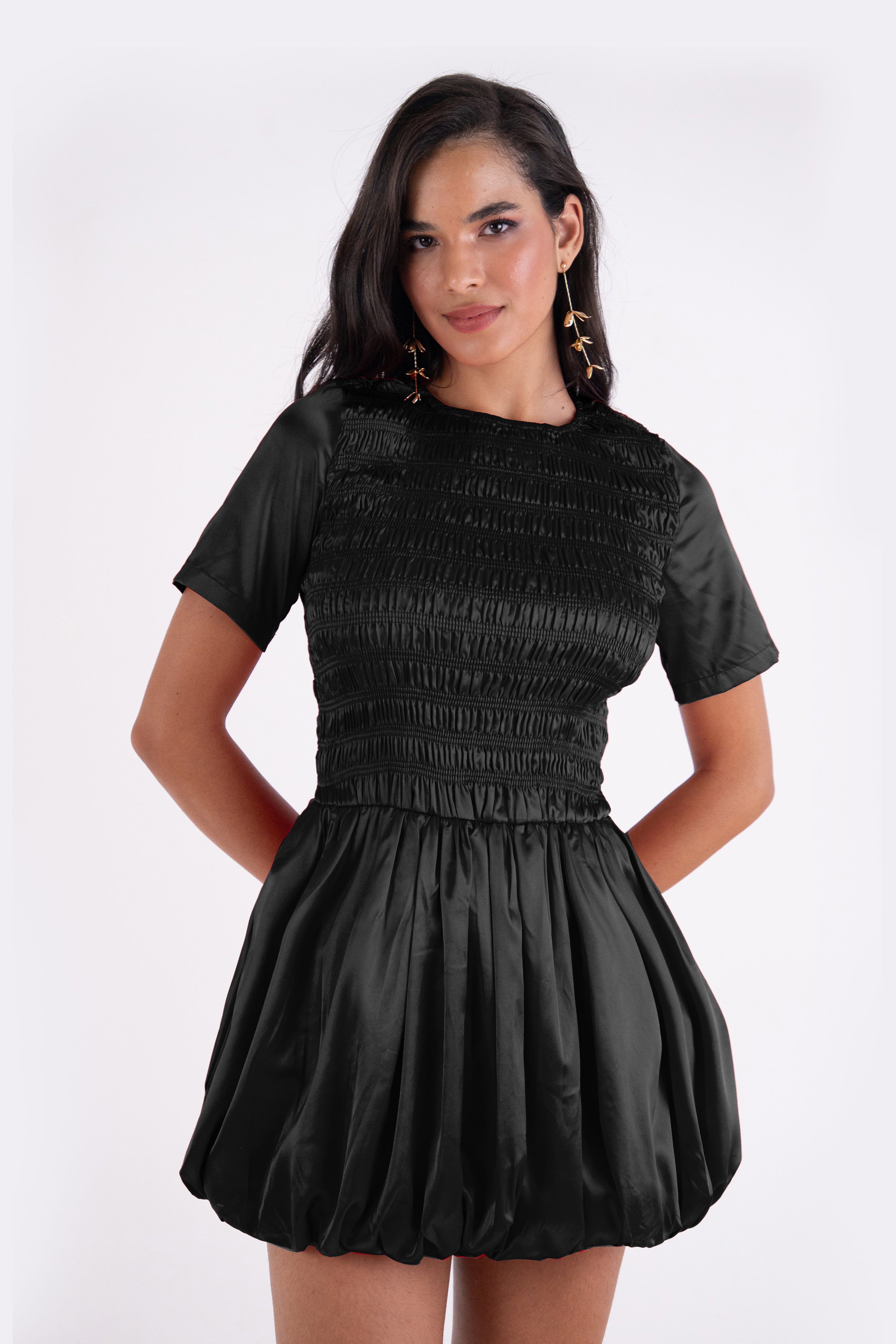 Eleanor Black Satin Puffball Ultra Mini Dress