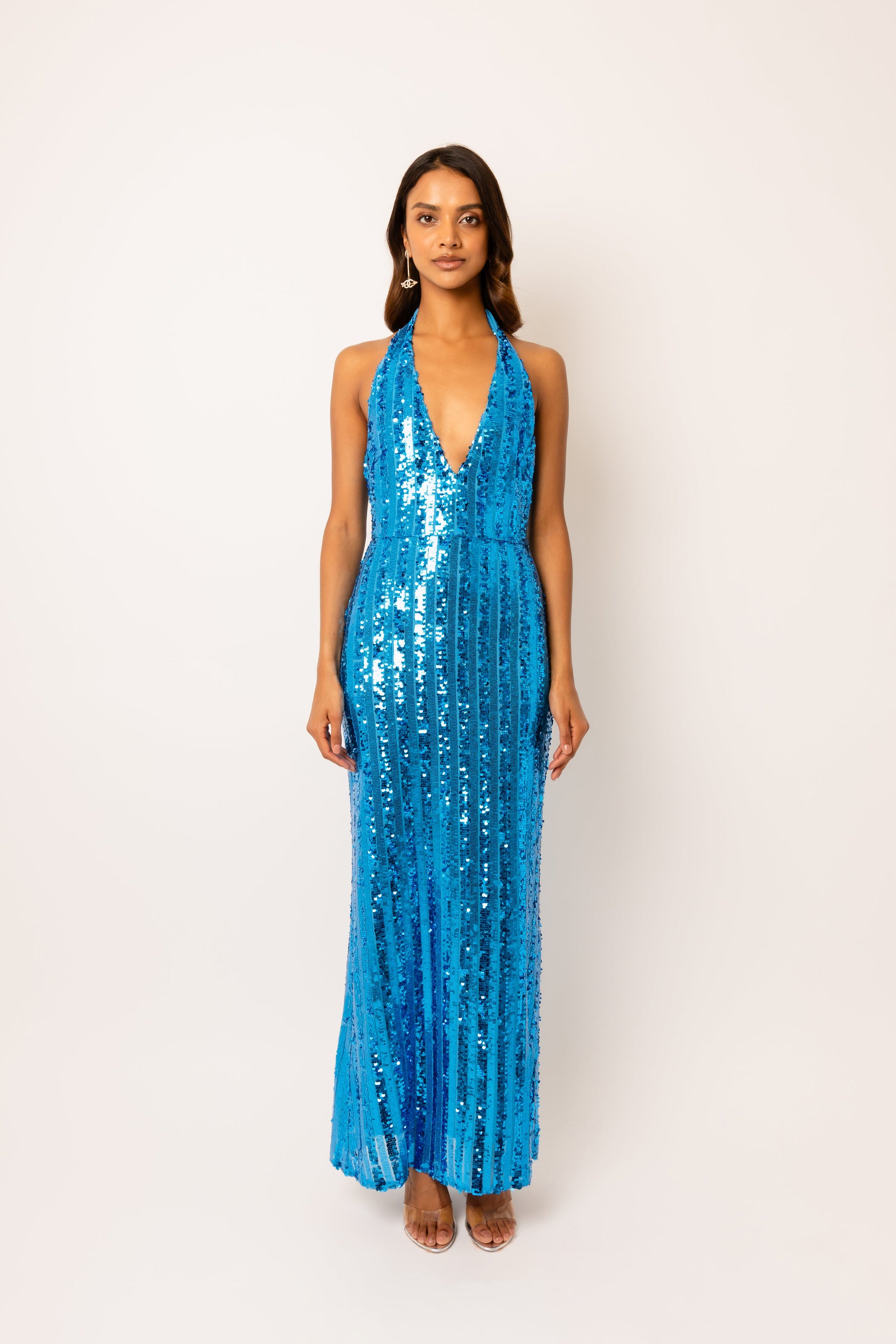 Shiloh Blue Halter Maxi Dress in Embellished Sequin