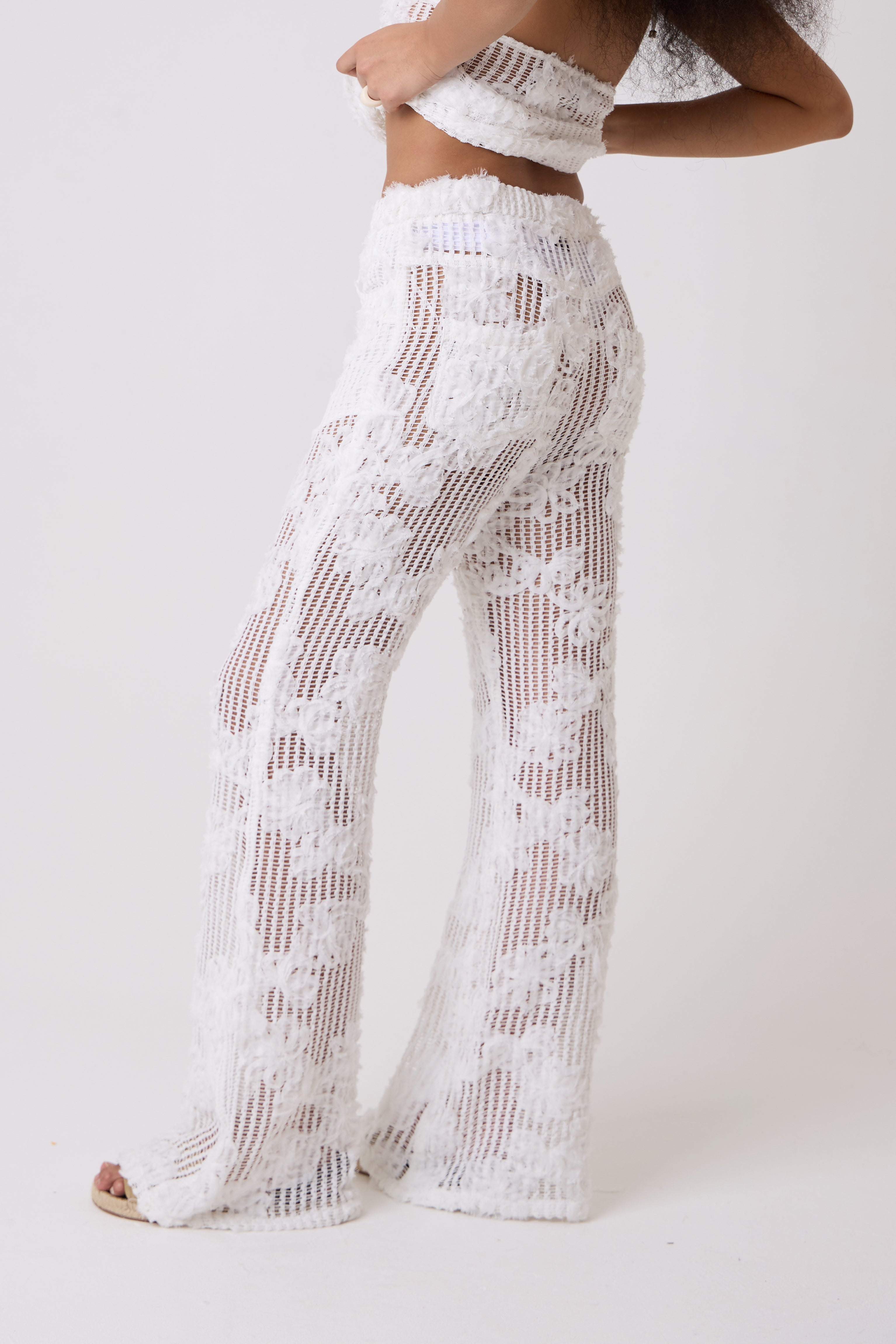 Cici White Pure Cotton Crochet Floral Lace Wide Leg Trouser