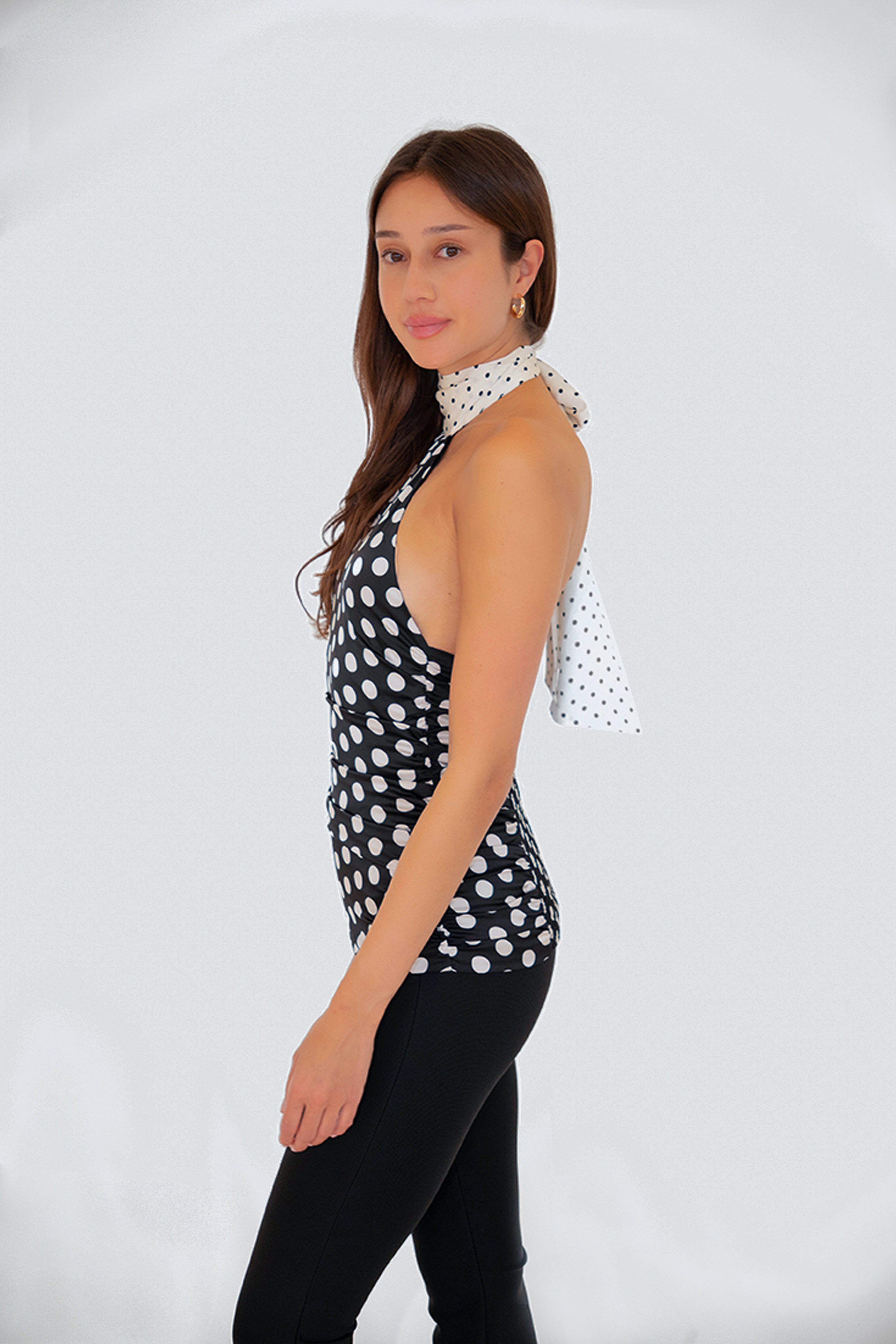 Sophie Contrast Mono Polka Dot Scarf Neck Top
