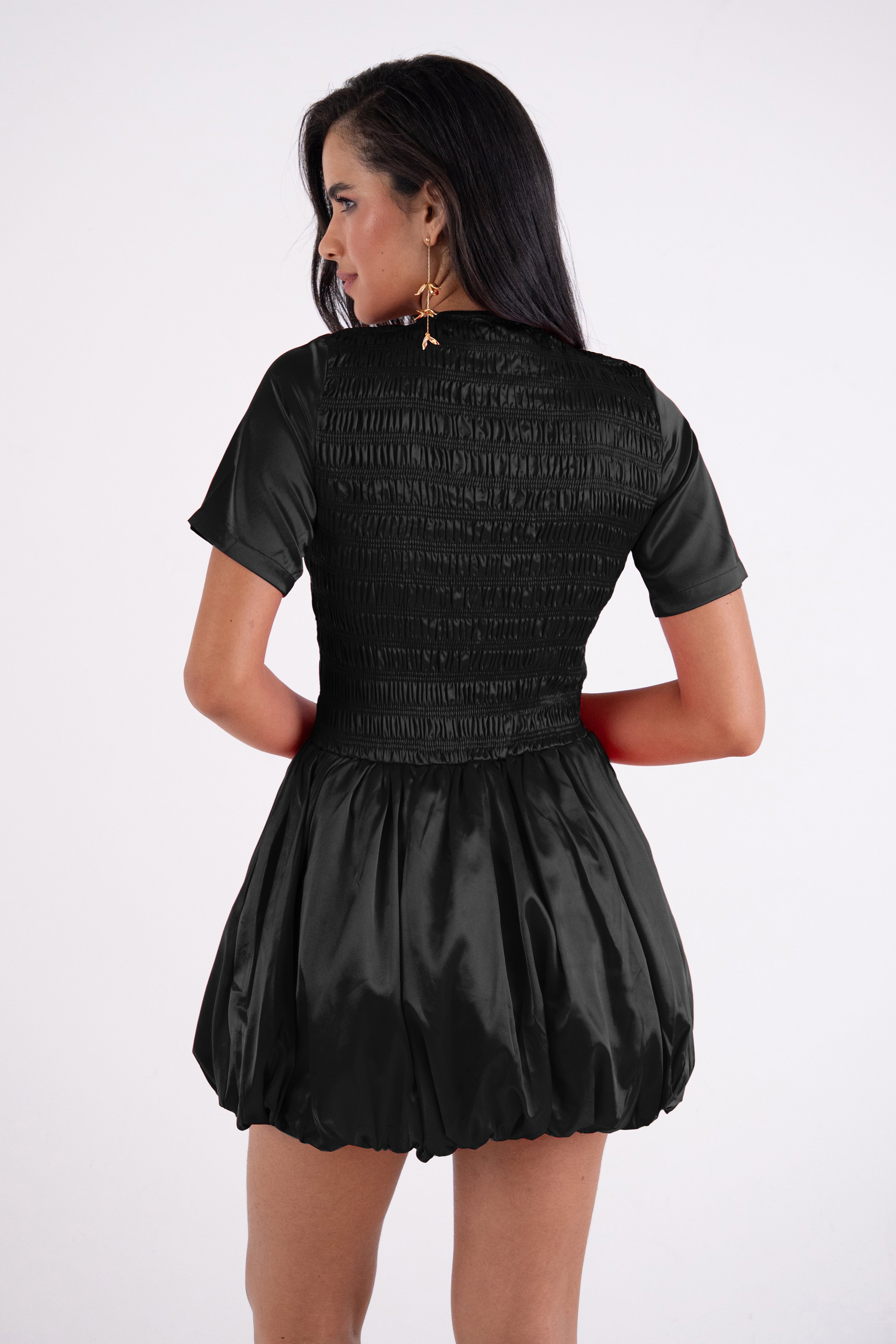 Eleanor Black Satin Puffball Ultra Mini Dress