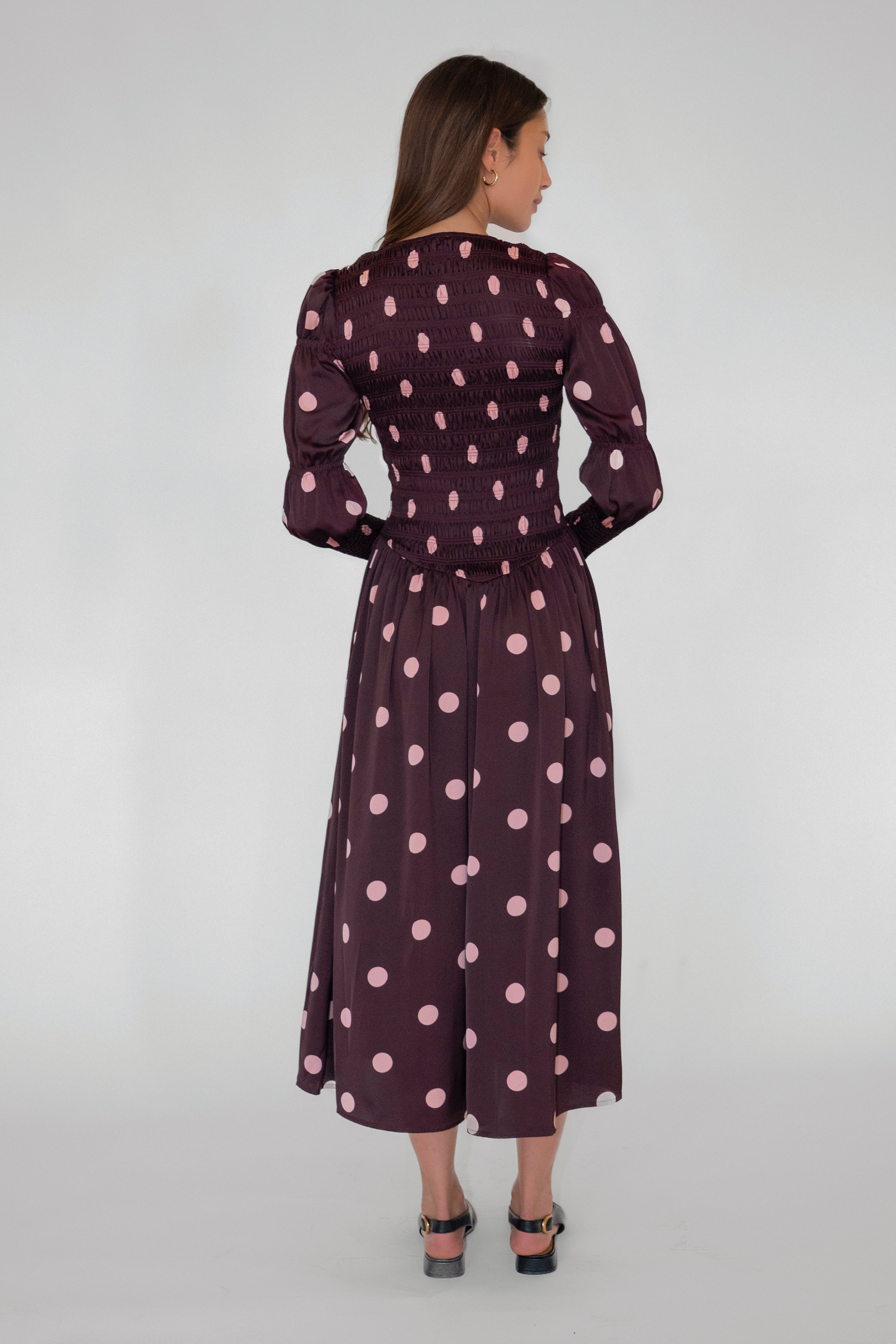 Mabel Polka Dot Satin Smocked Longsleeve Midaxi Dress