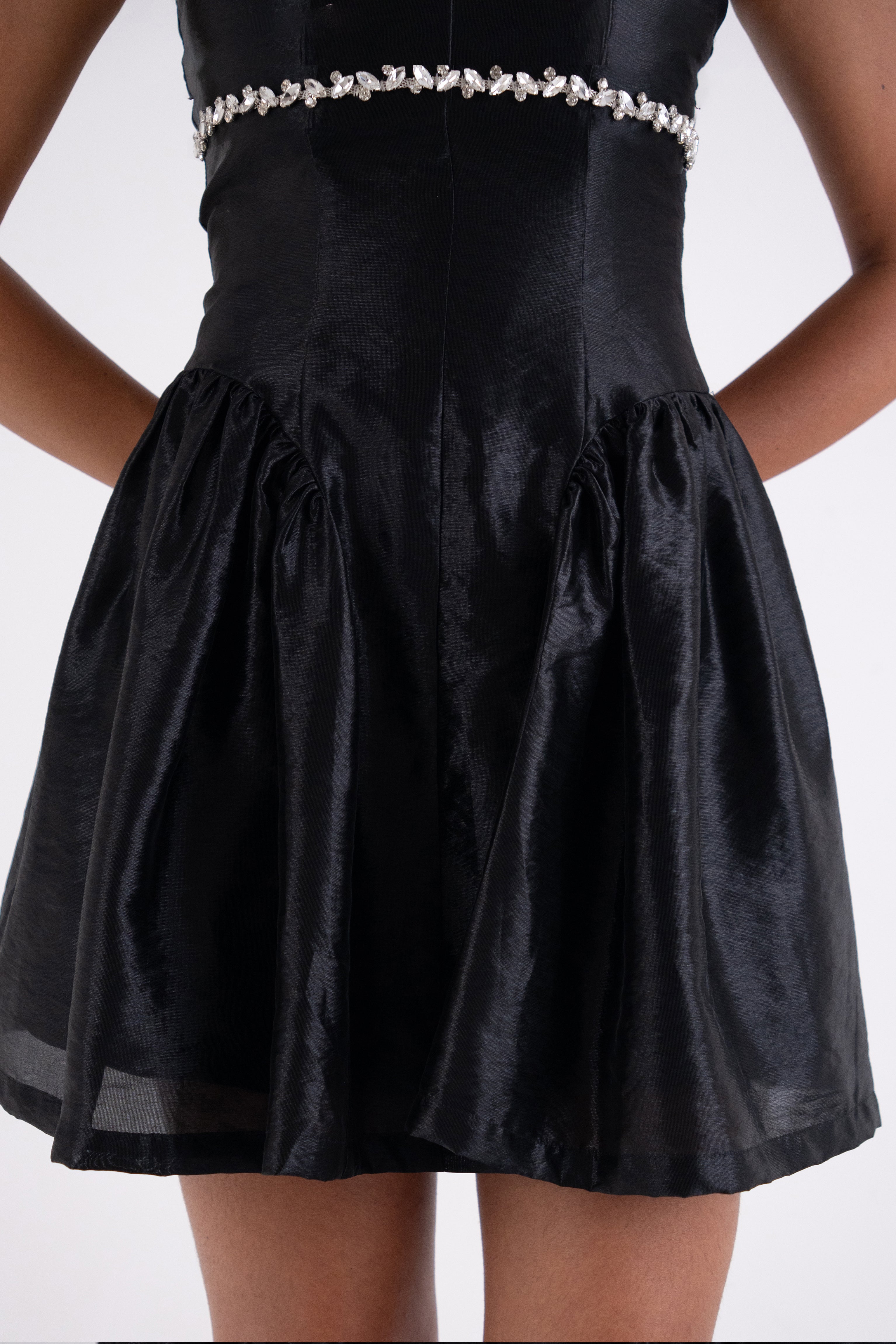 Cheryl Black Embellished Satin Crepe Dress
