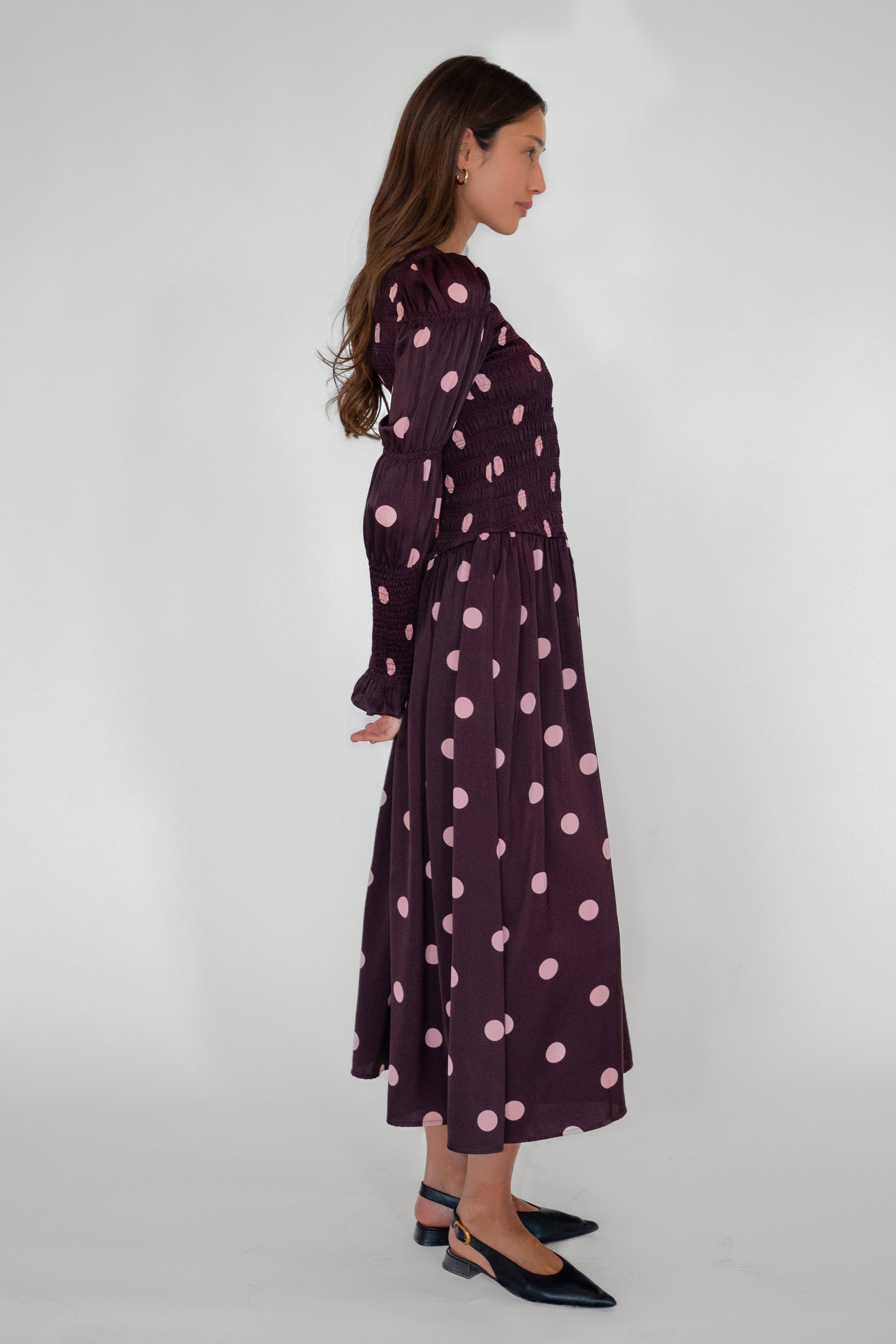 Mabel Polka Dot Satin Smocked Longsleeve Midaxi Dress