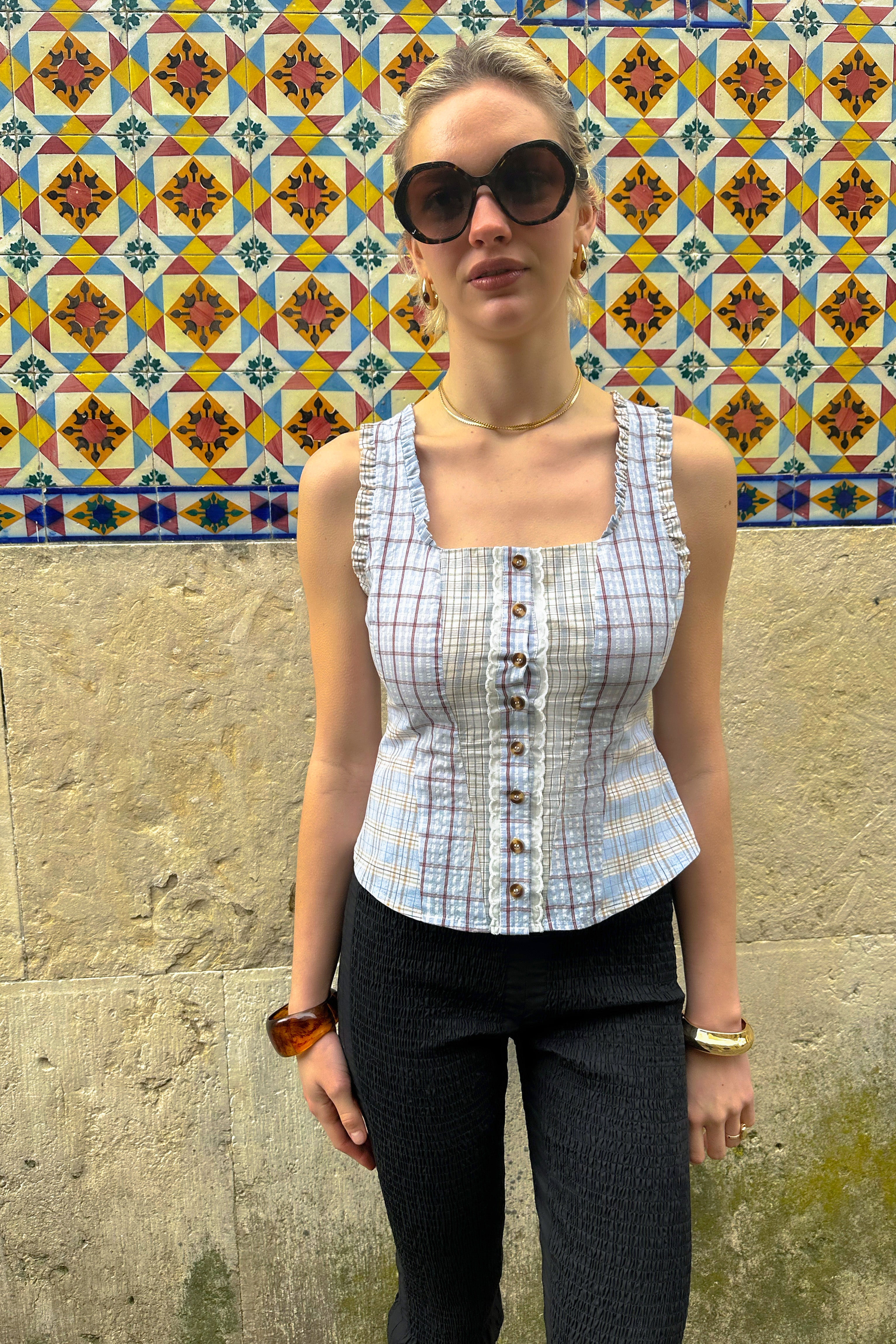 Brittany Multi Check Cotton Blend Frill Top