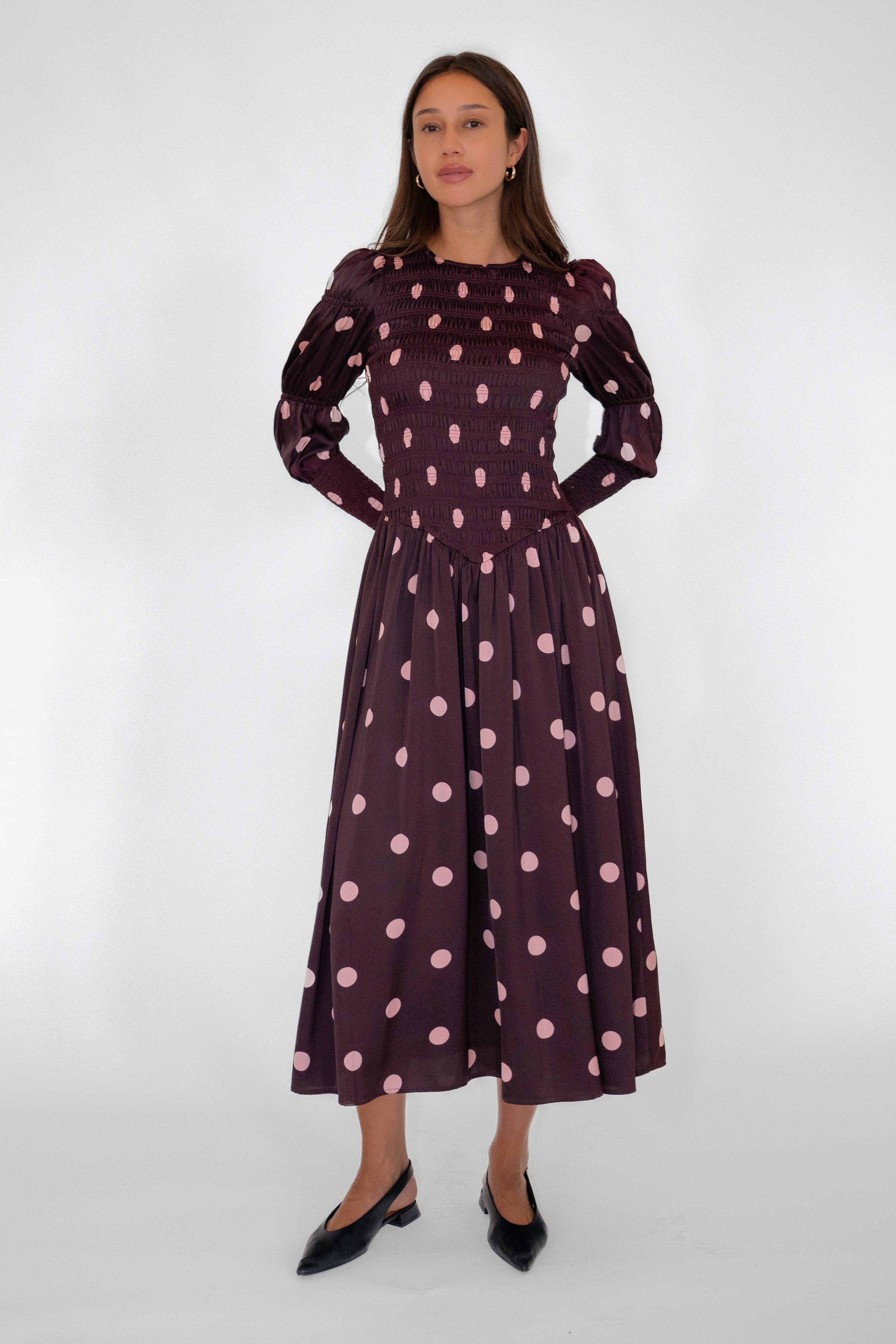 Mabel Polka Dot Satin Smocked Longsleeve Midaxi Dress
