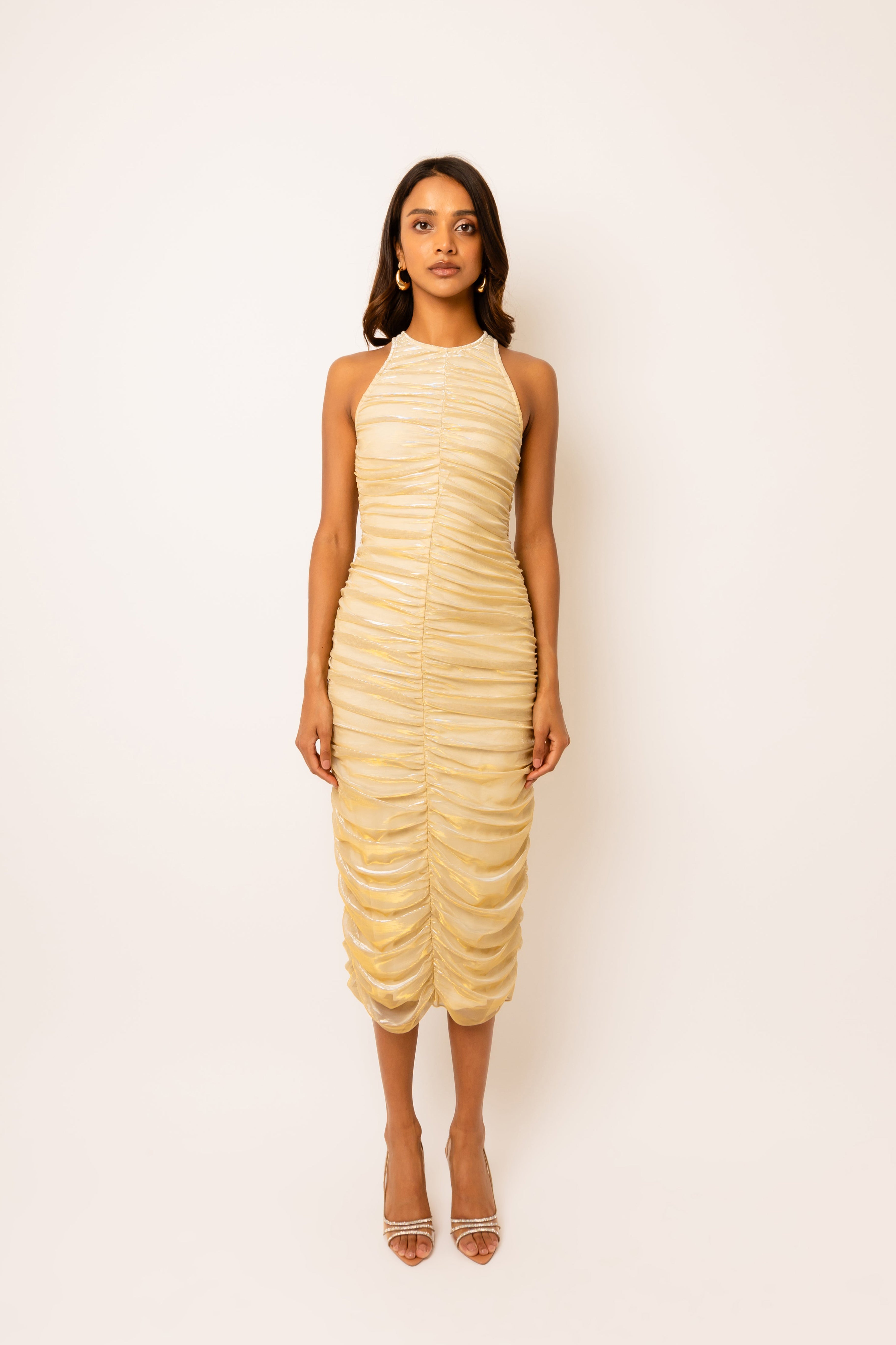 Lottie Gold Ruche Midi Dress