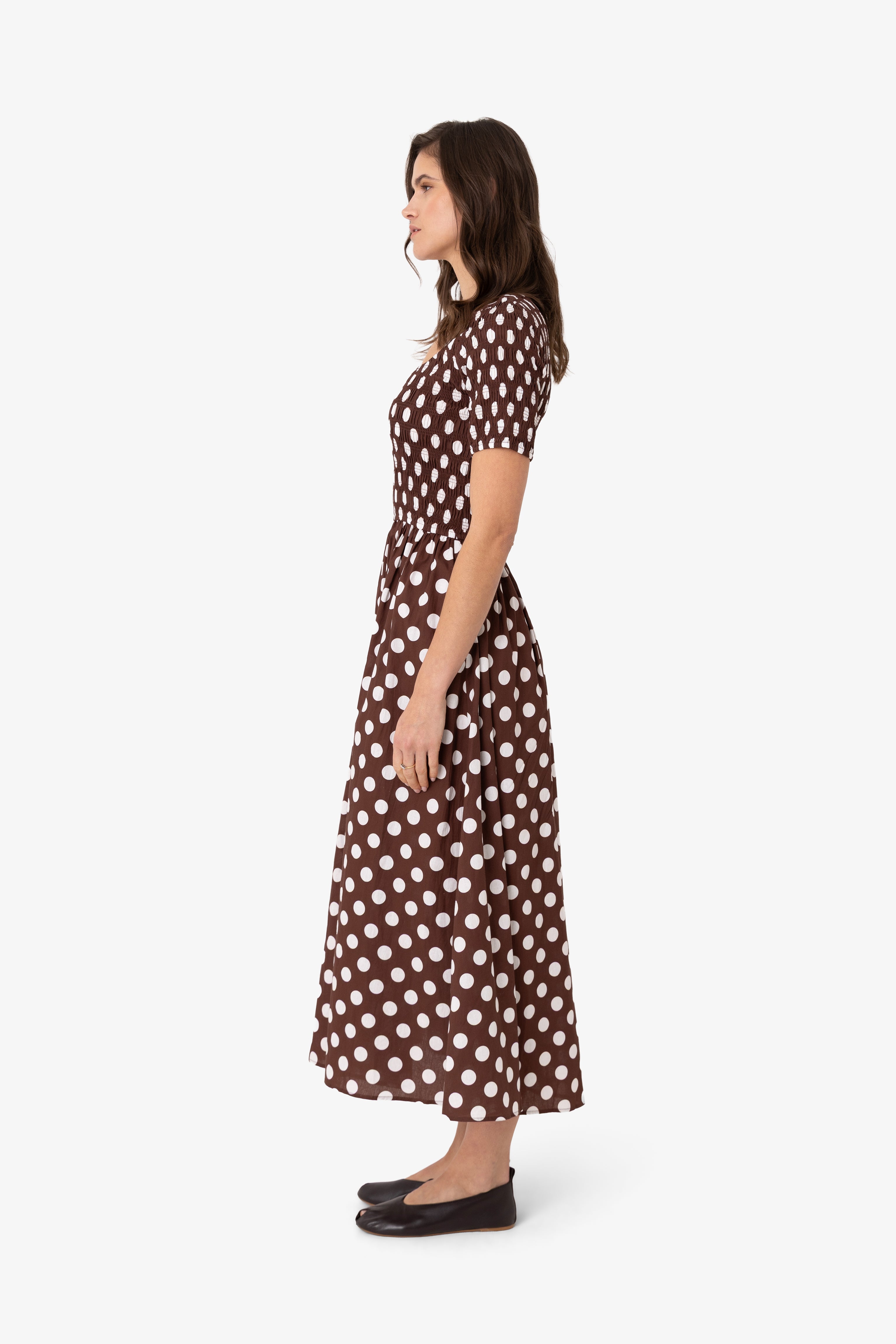 Matilda Pure Cotton Brown Polka Dot Midi Dress