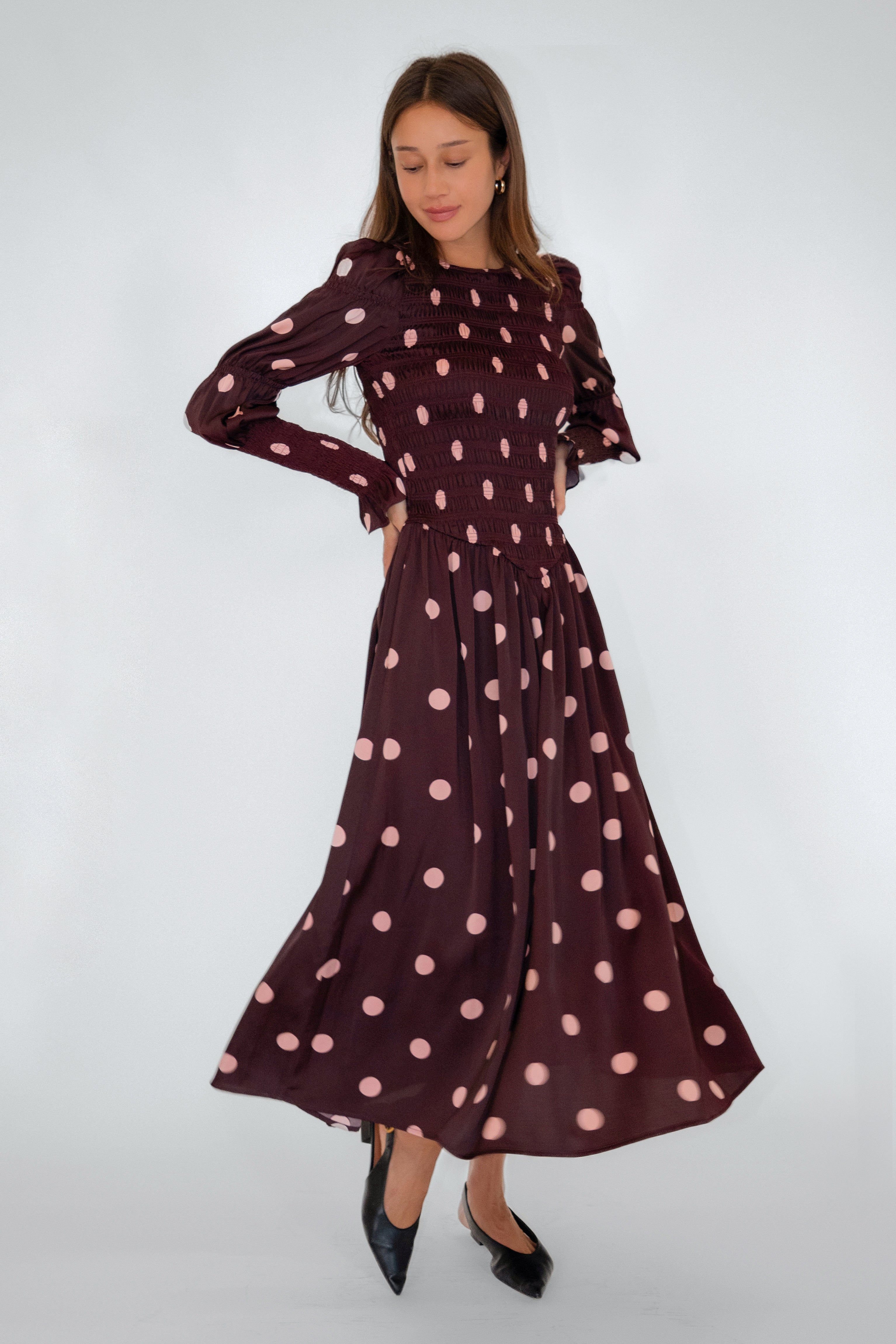 Mabel Polka Dot Satin Smocked Longsleeve Midaxi Dress