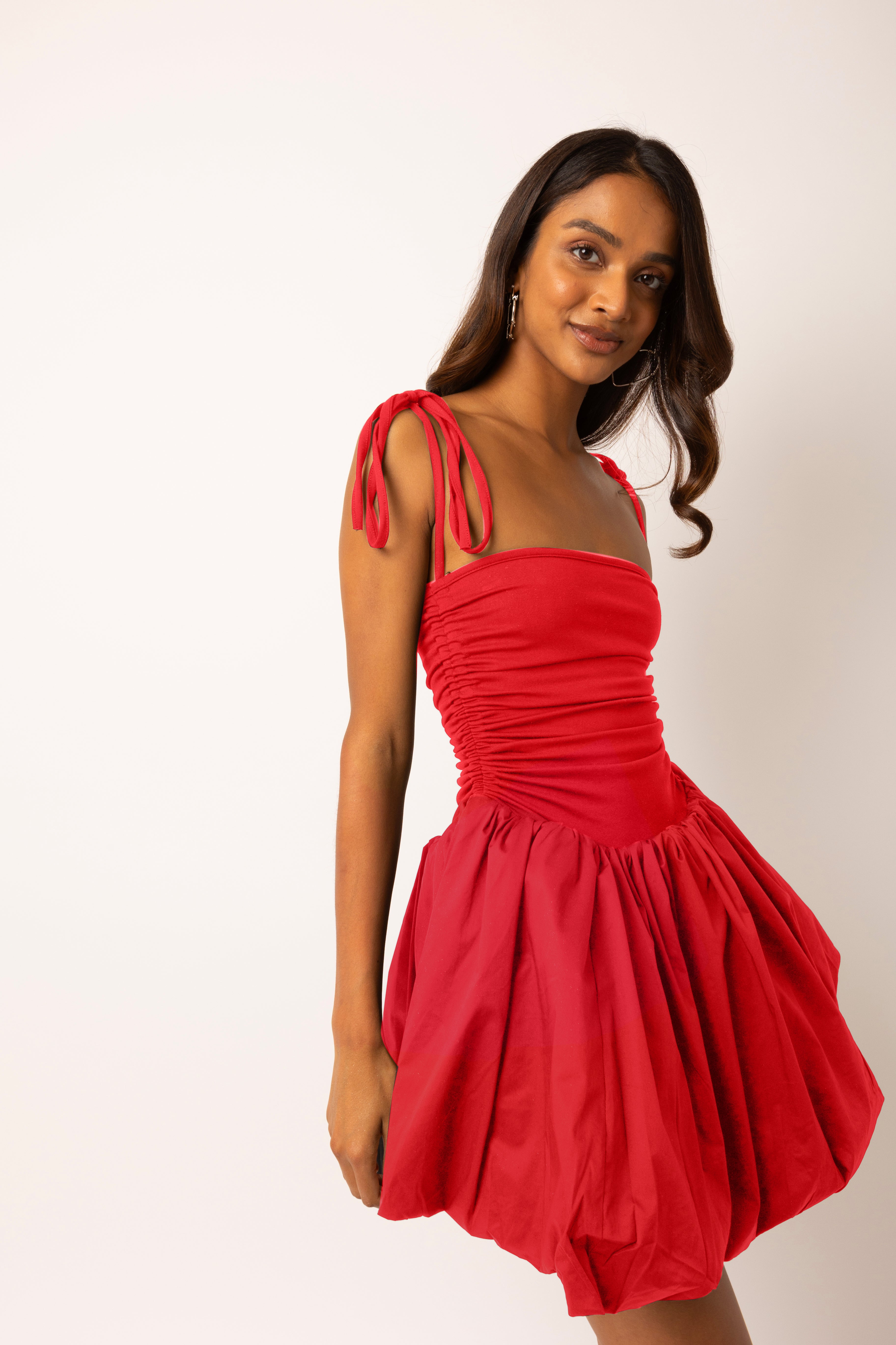 Alexa Cotton Cherry Red Puffball Mini Dress