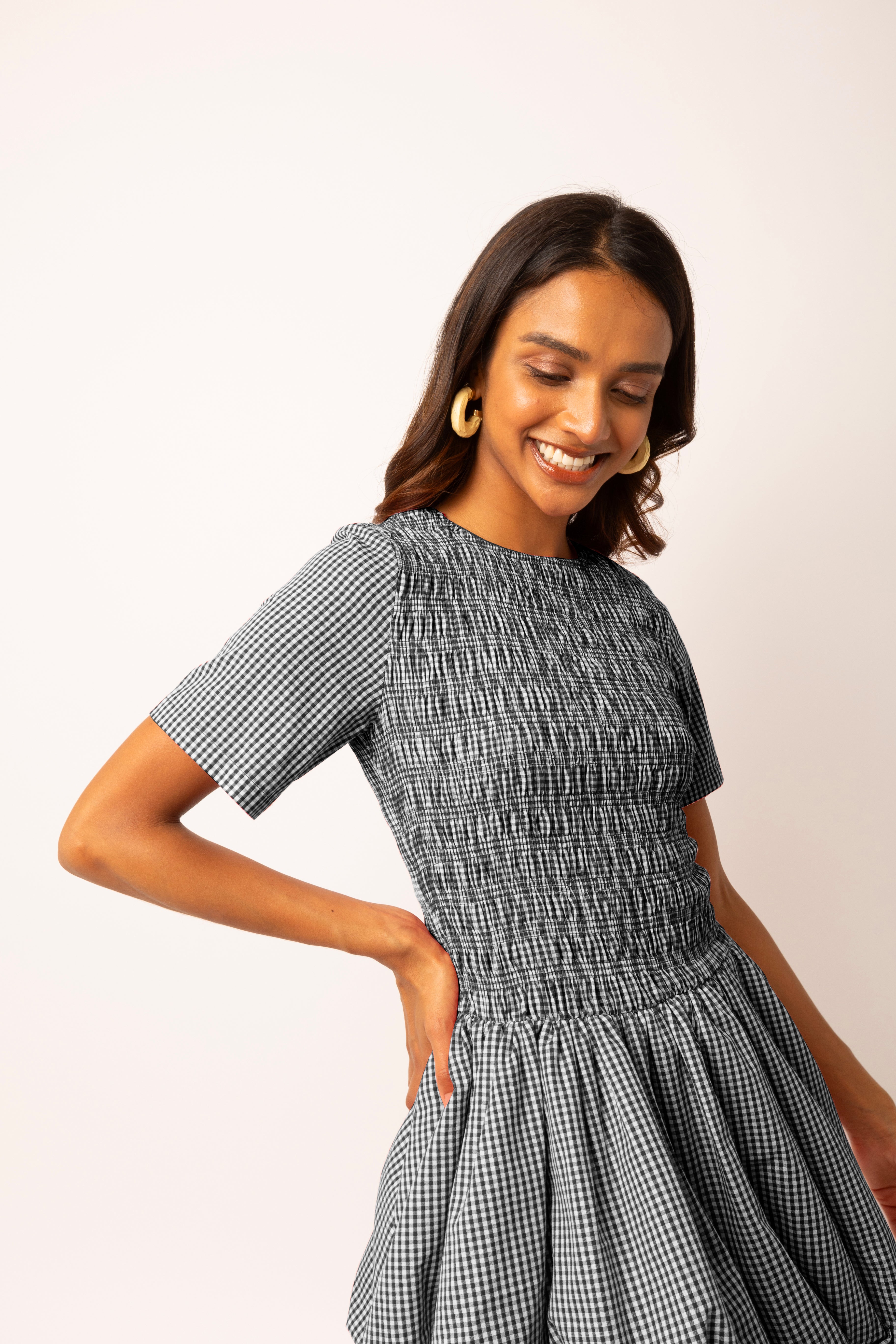 Eleanor Black Gingham Puffball Mini Dress