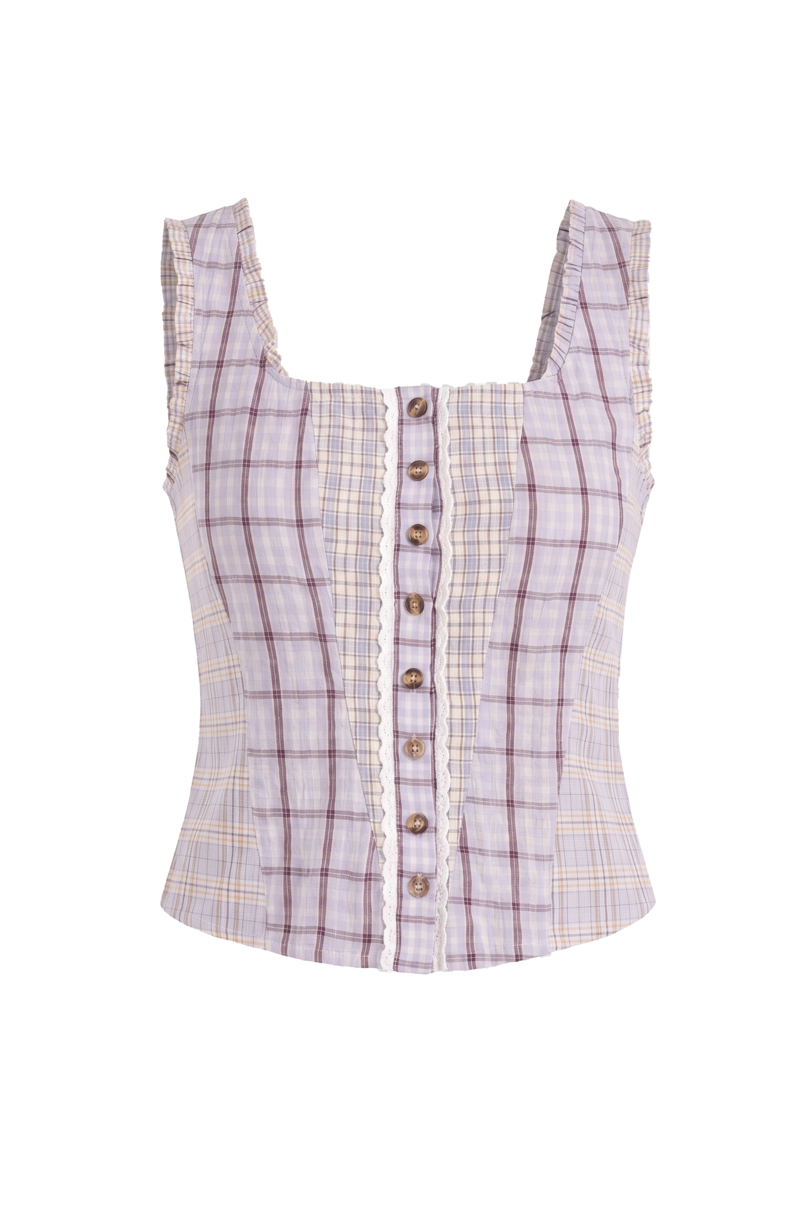 Brittany Multi Check Cotton Blend Frill Top