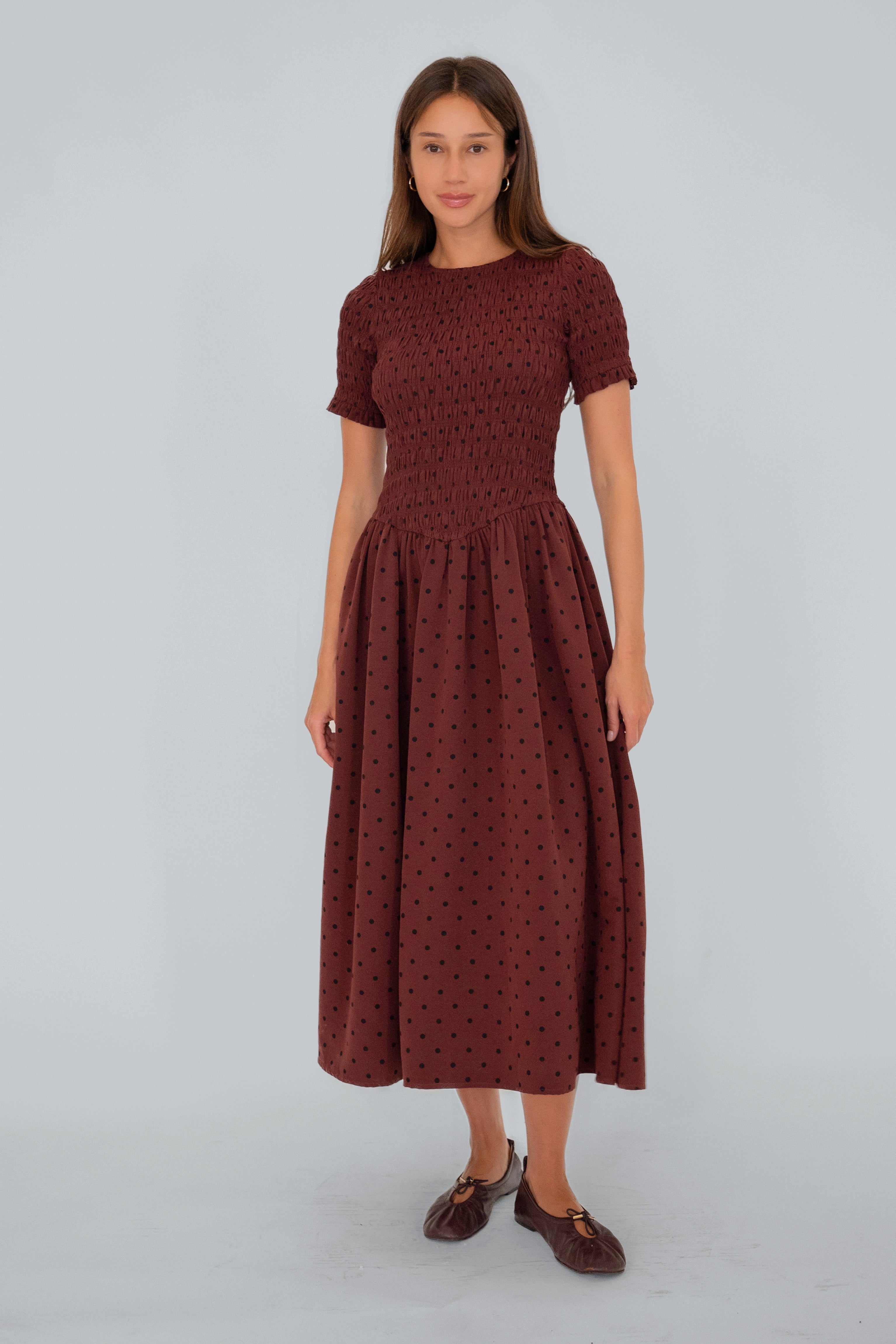 Beatrix Smocked Plum Polka Dot Midi Dress